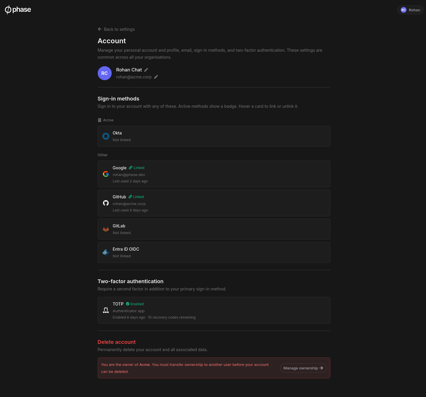 The Account page