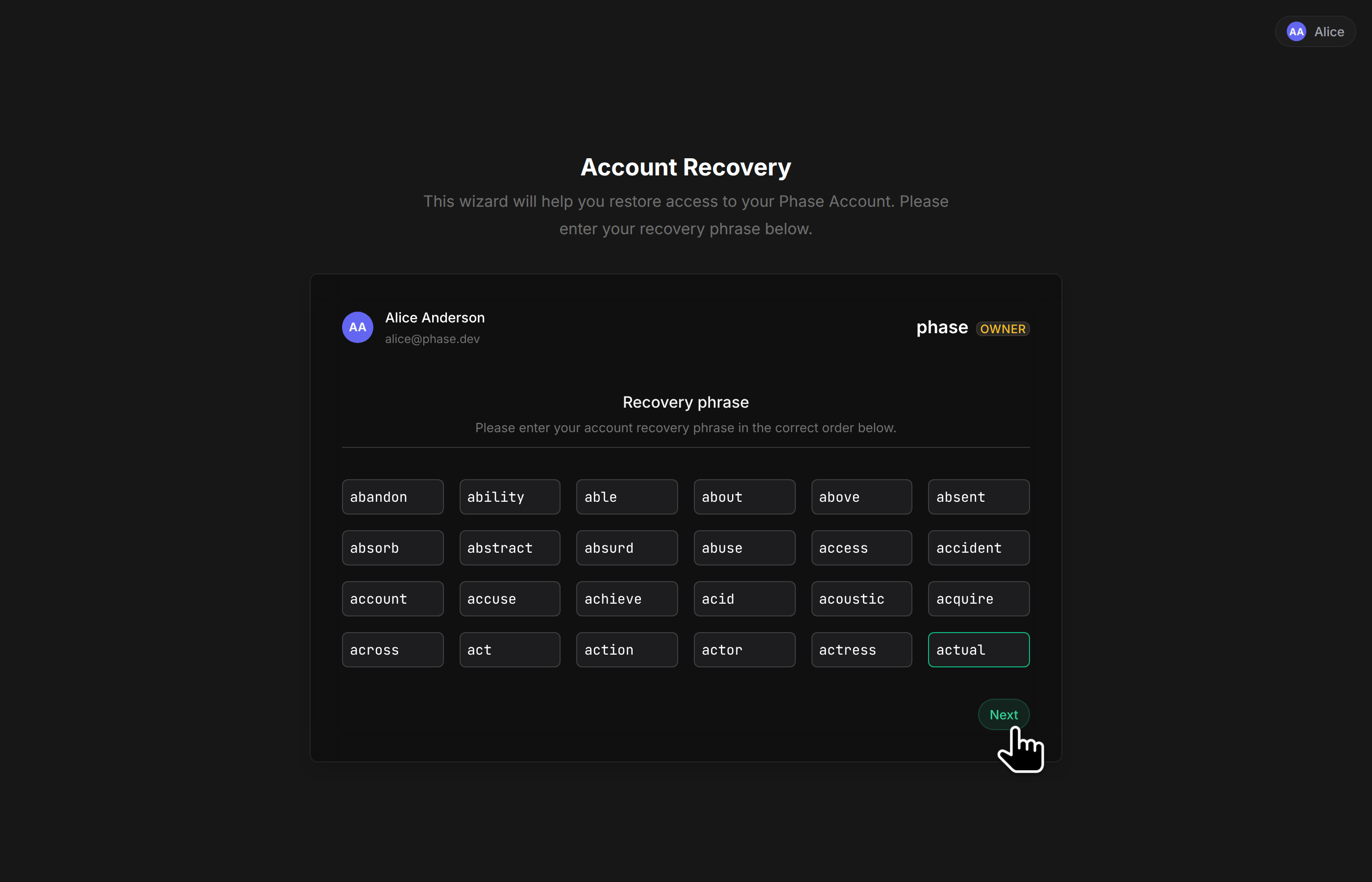 Account recovery with the recovery phrase