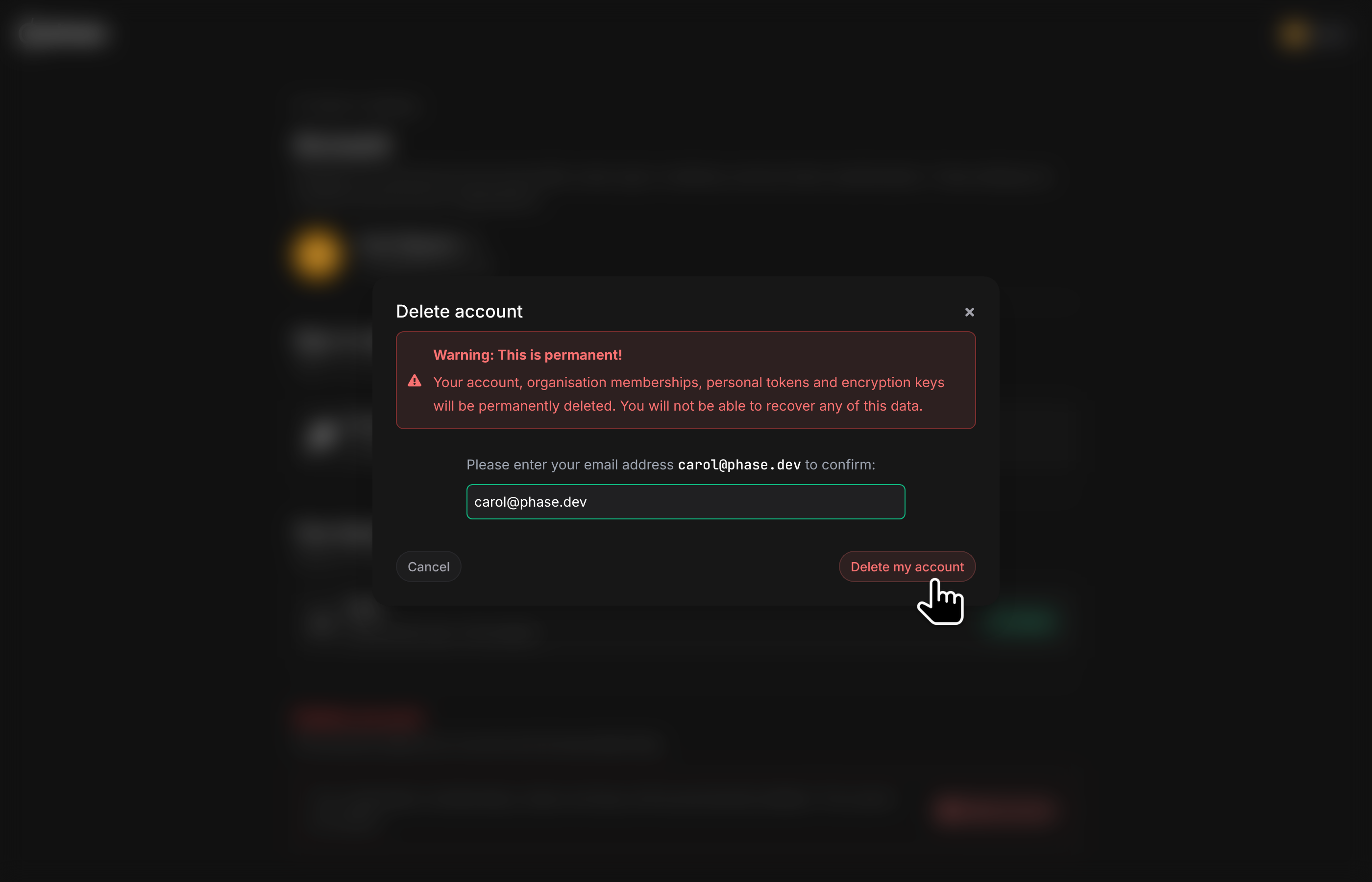 Delete account confirmation dialog