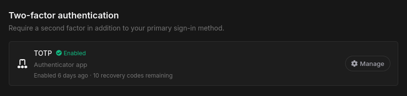 TOTP enabled on the Account page