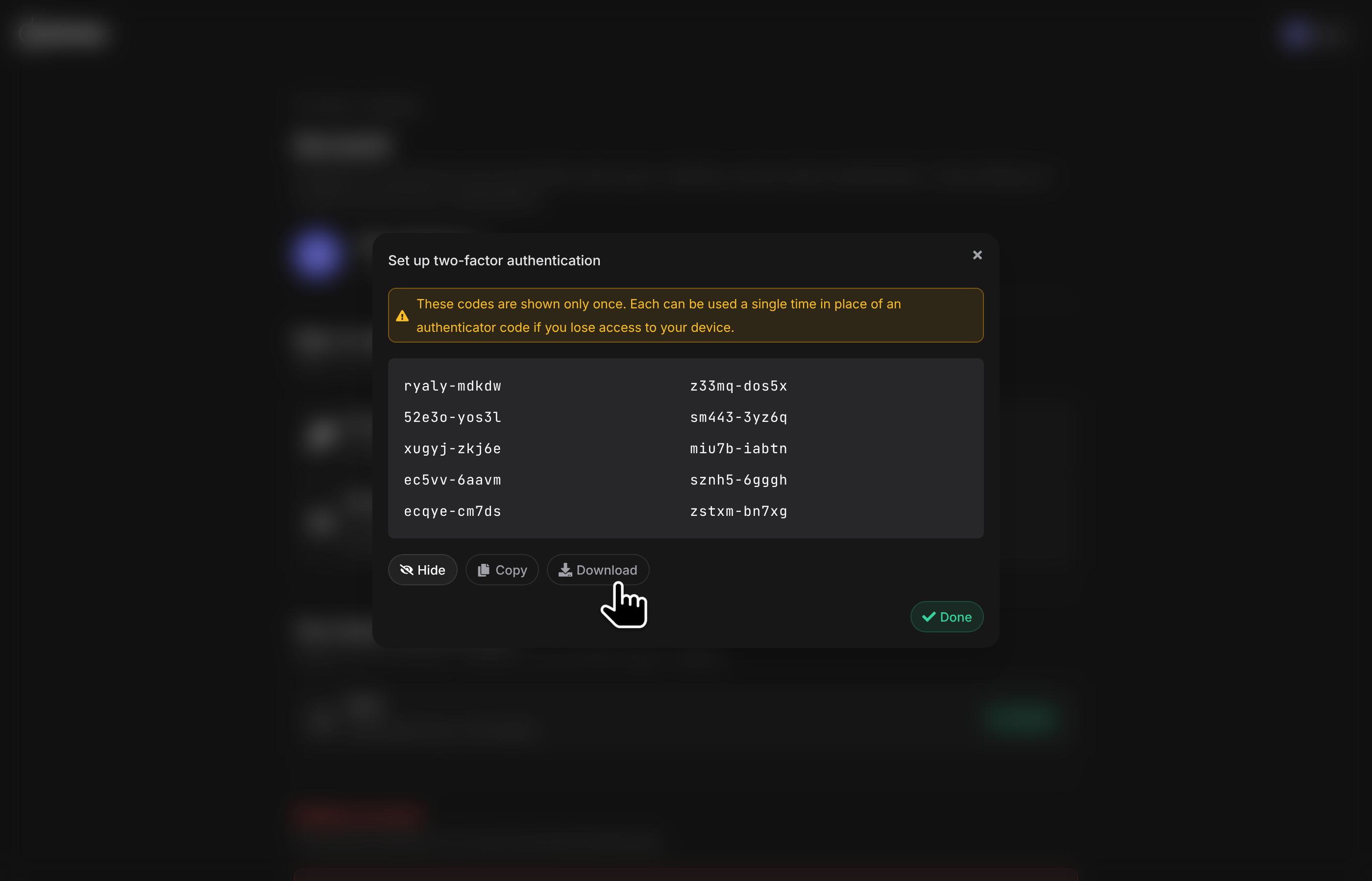 2FA setup: recovery codes revealed