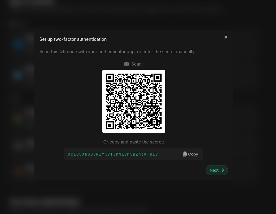 2FA setup: scan the QR code or copy the secret