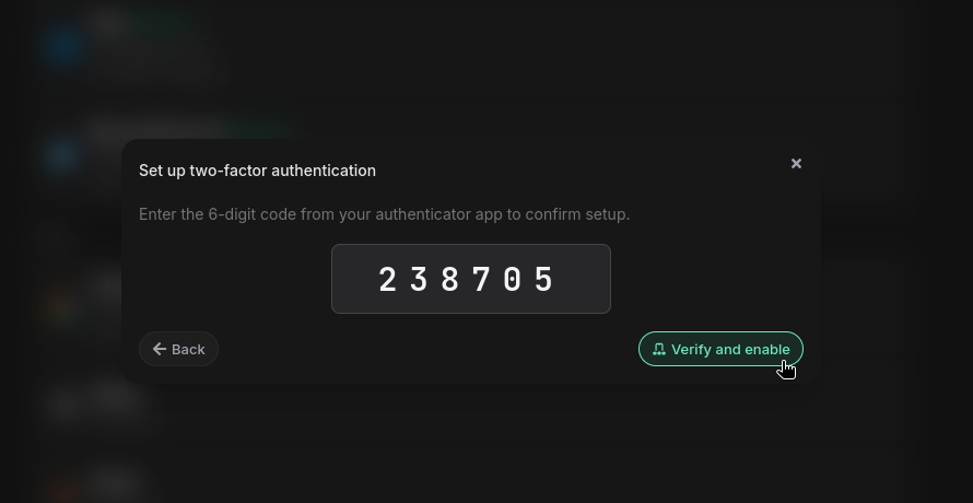 2FA setup: confirm with a 6-digit code