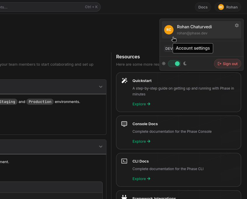 The profile card in the user menu opens the Account page