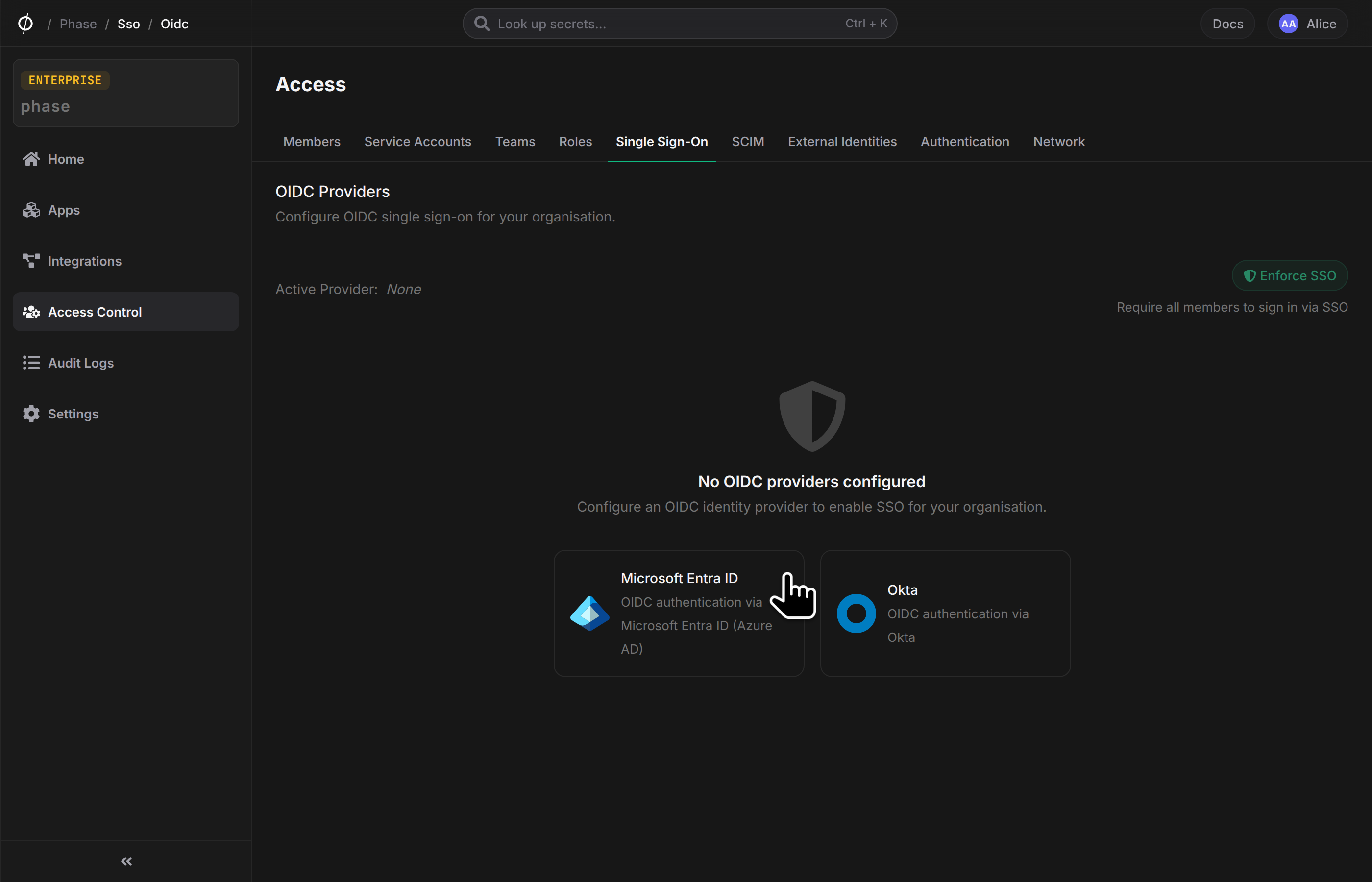 SSO settings empty state