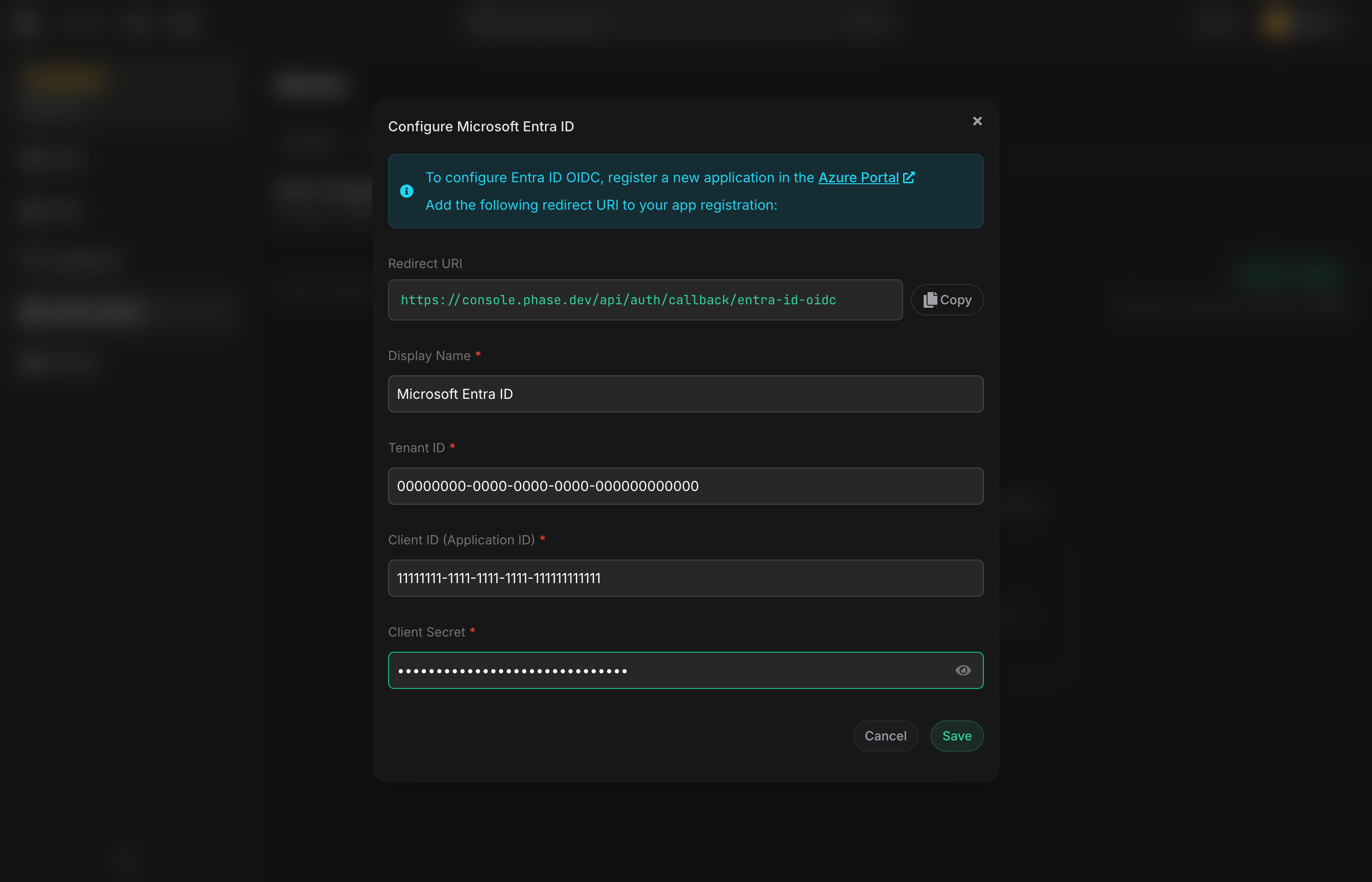 Entra ID setup dialog — filled