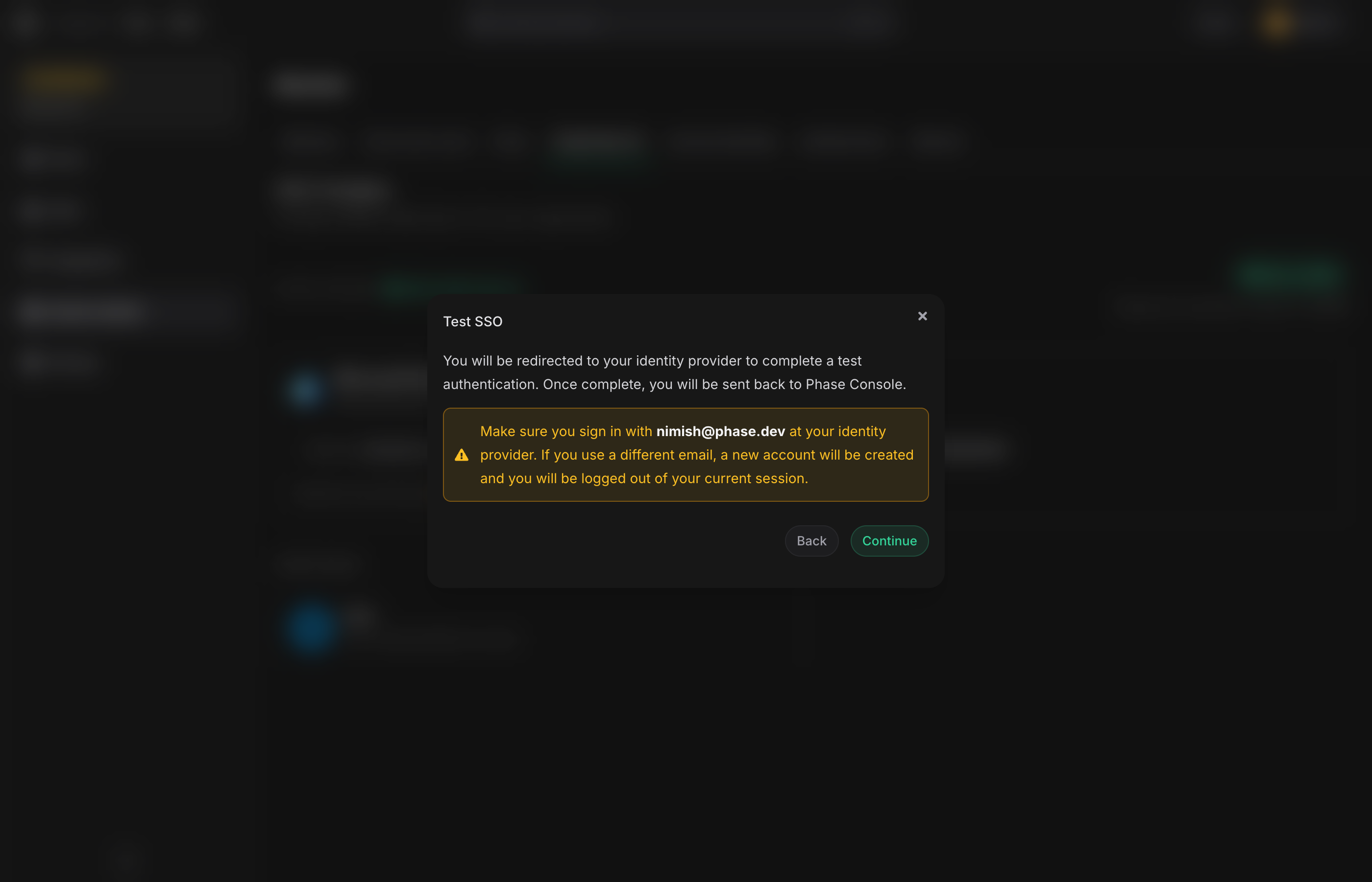 Test SSO confirmation dialog