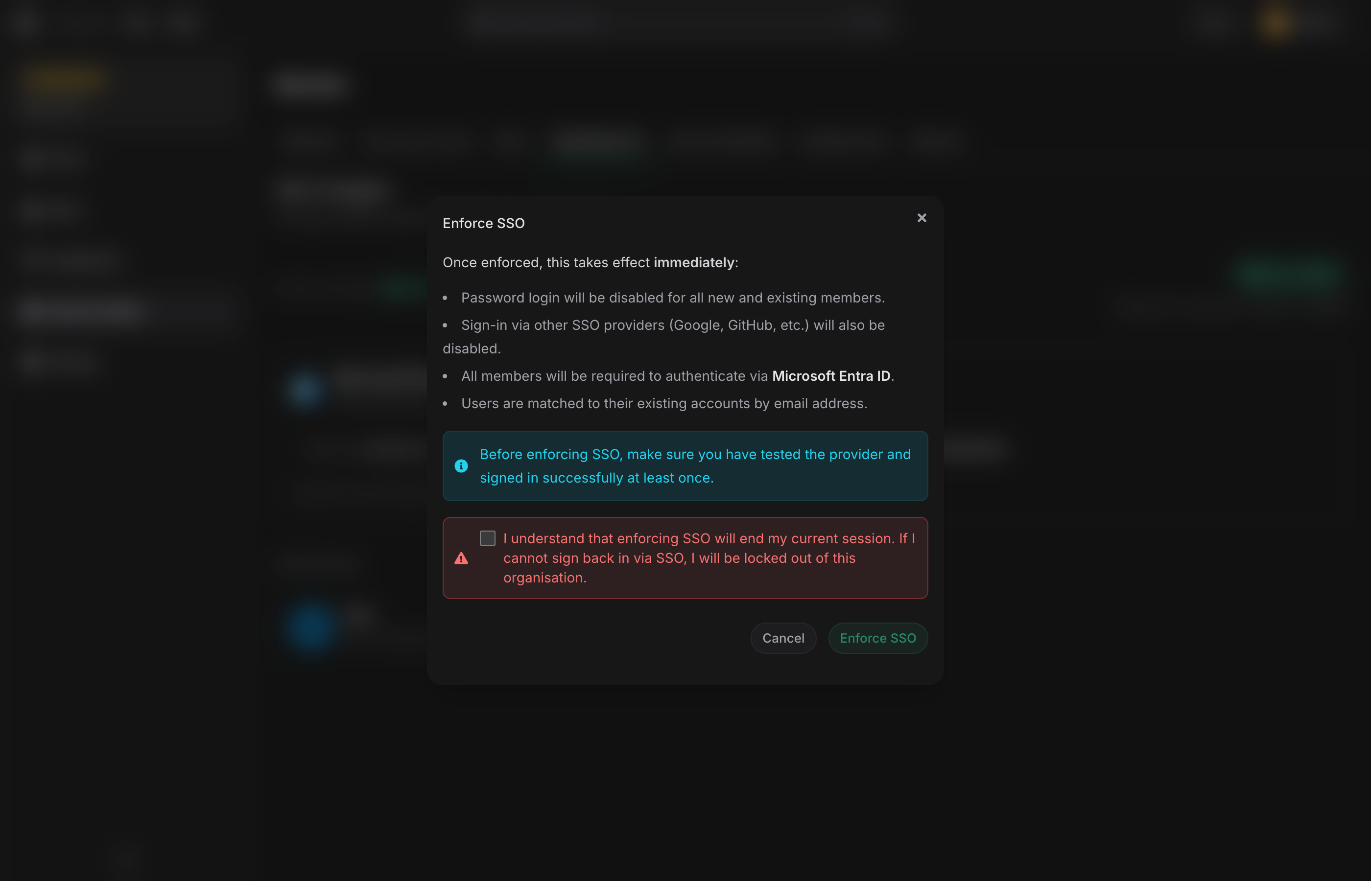 Enforce SSO dialog — acknowledgement unchecked