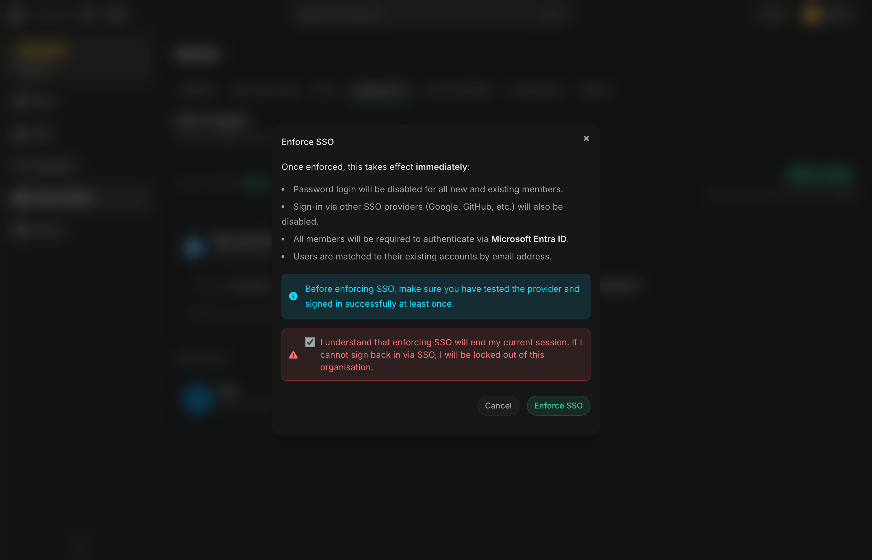 Enforce SSO dialog — acknowledgement checked