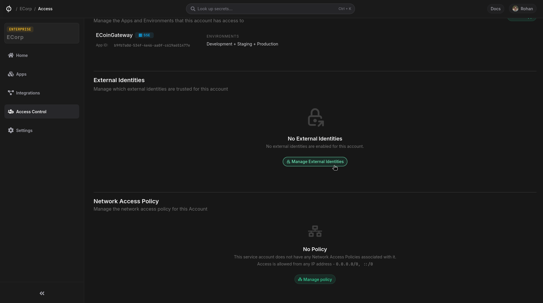 manage external identities button