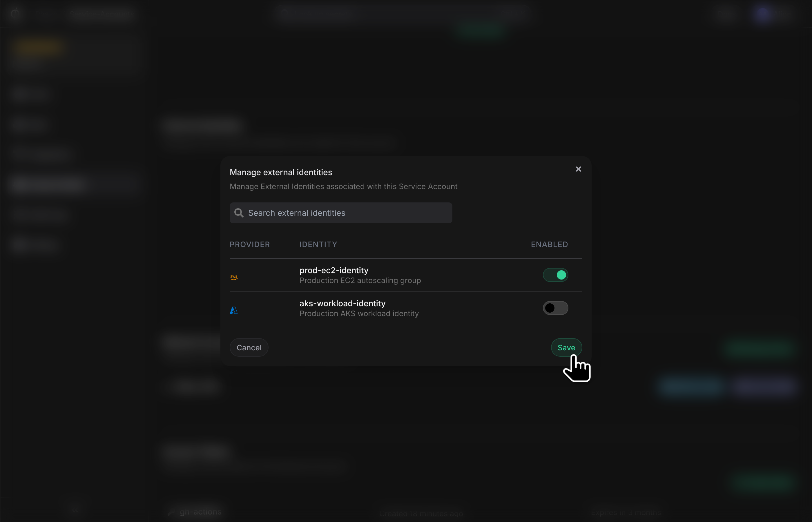 add external identity to service account
