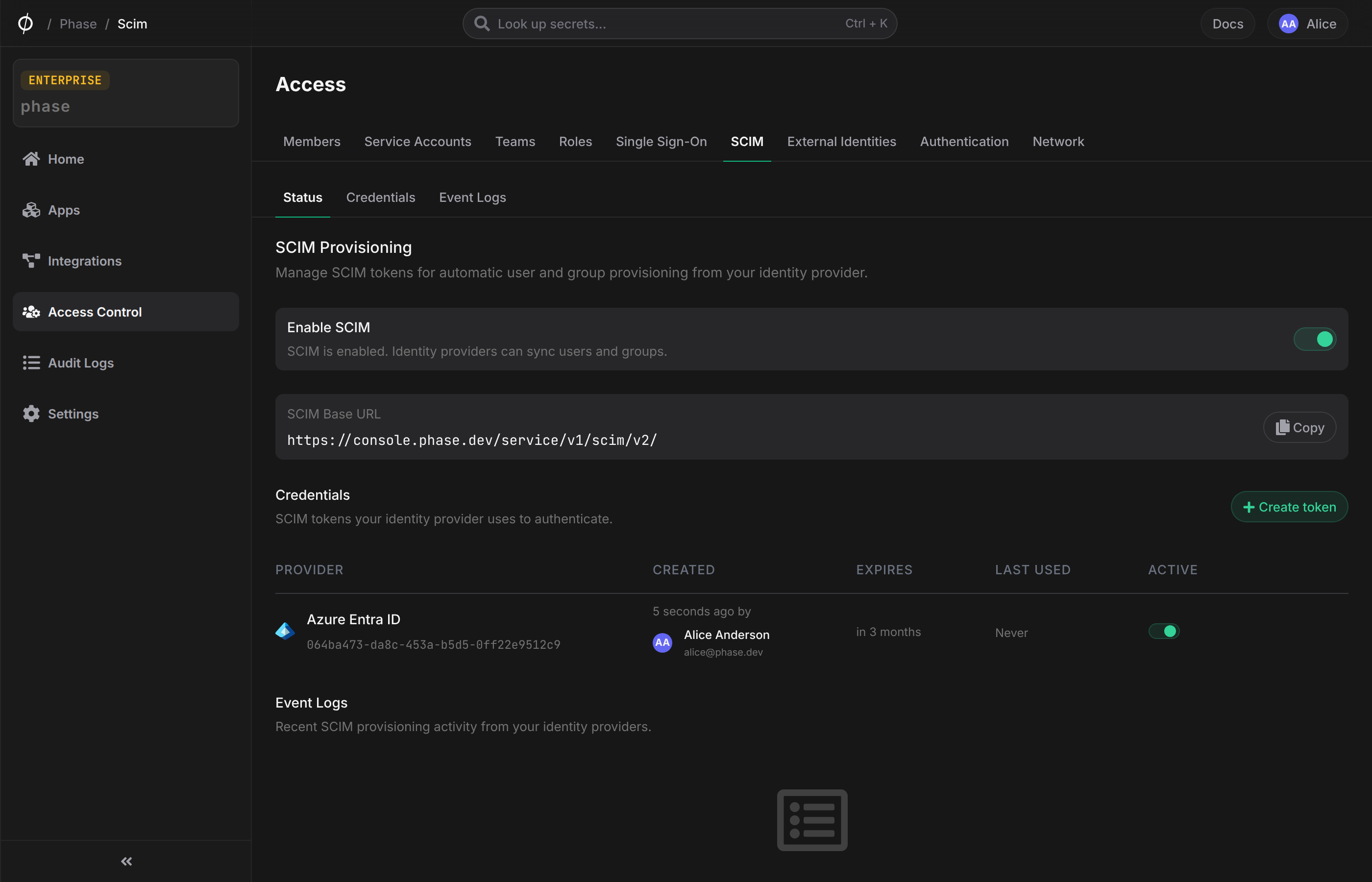 SCIM token list