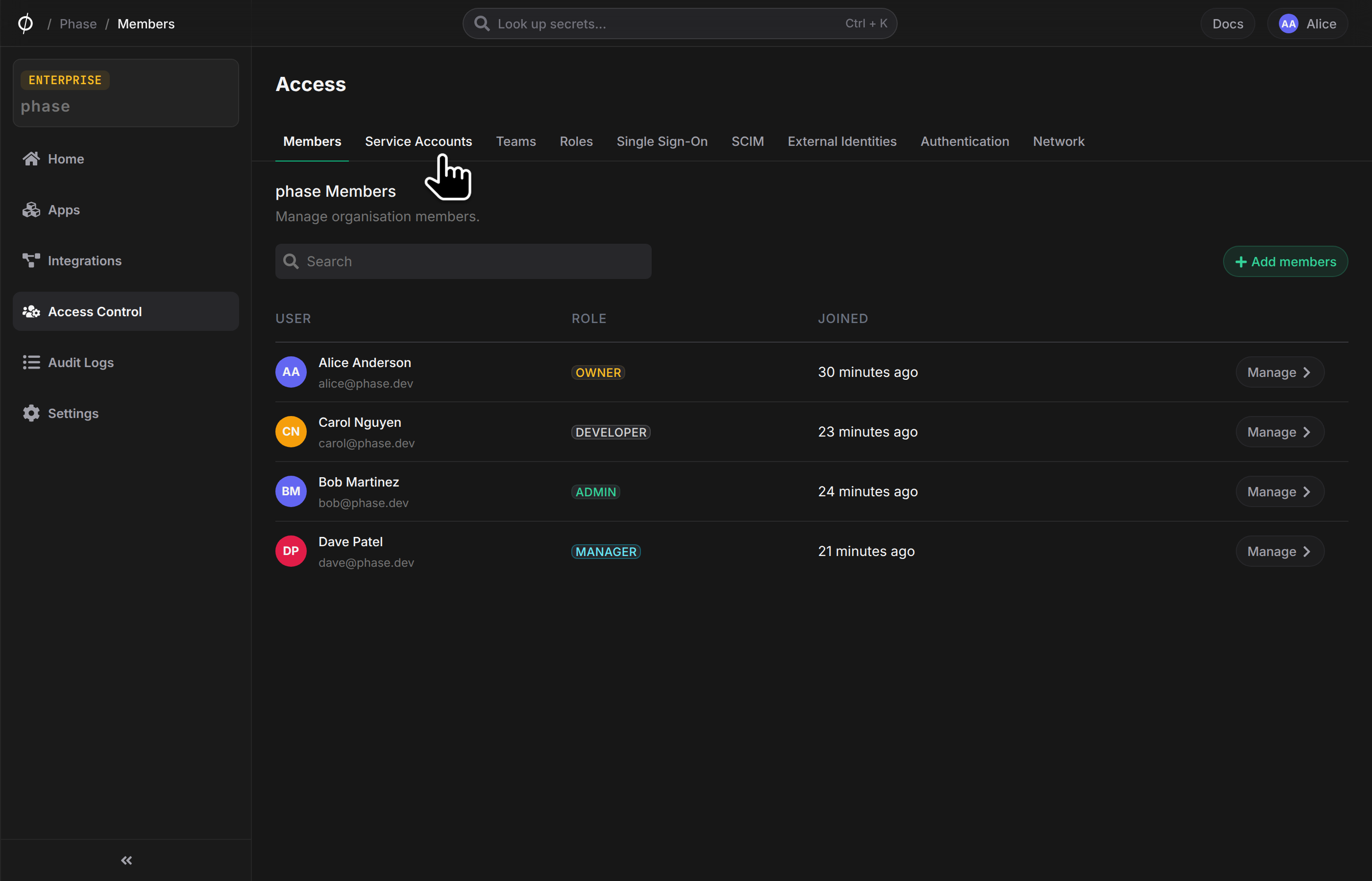 Click on service accounts tab