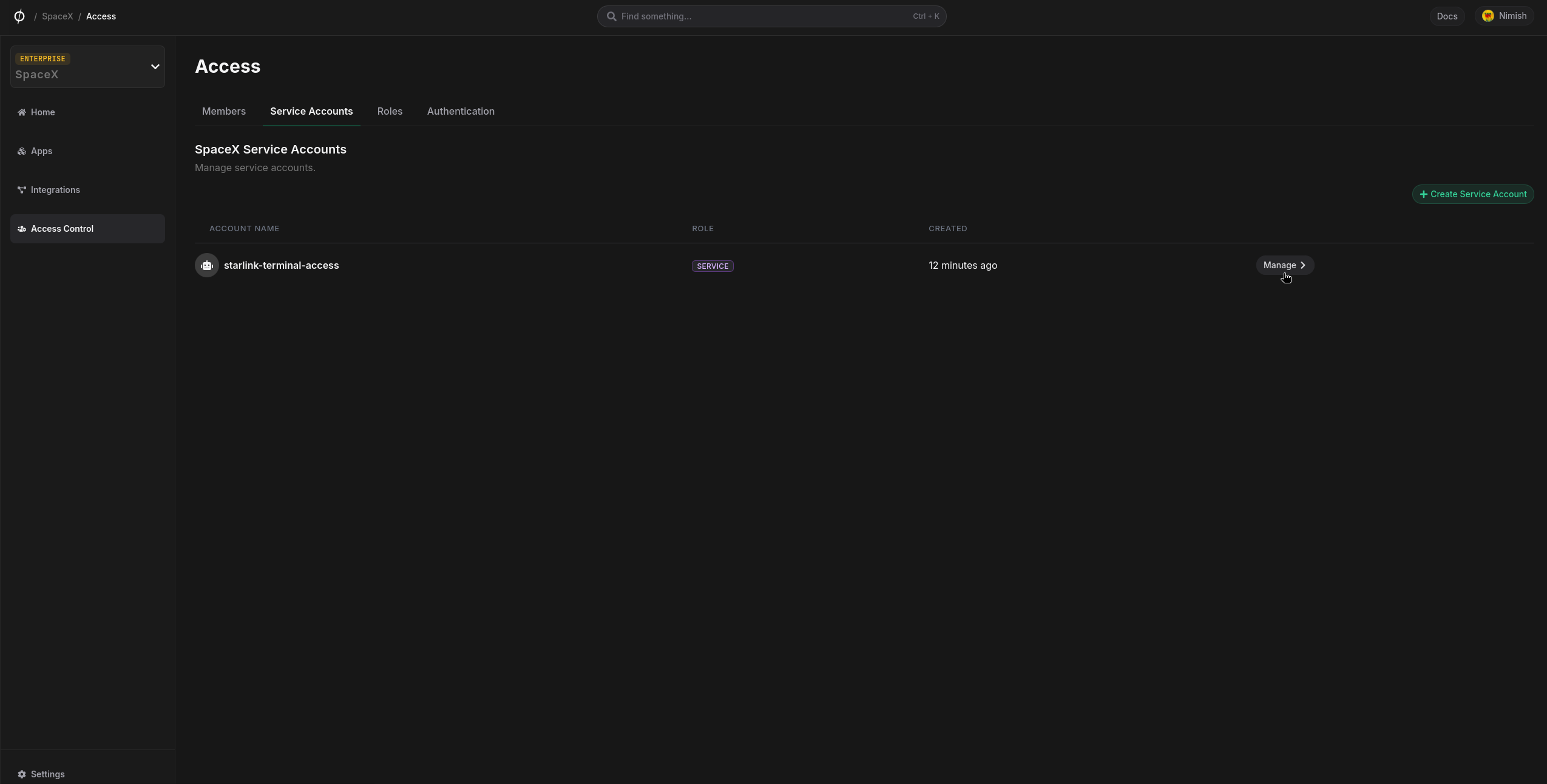 Click manage service account button
