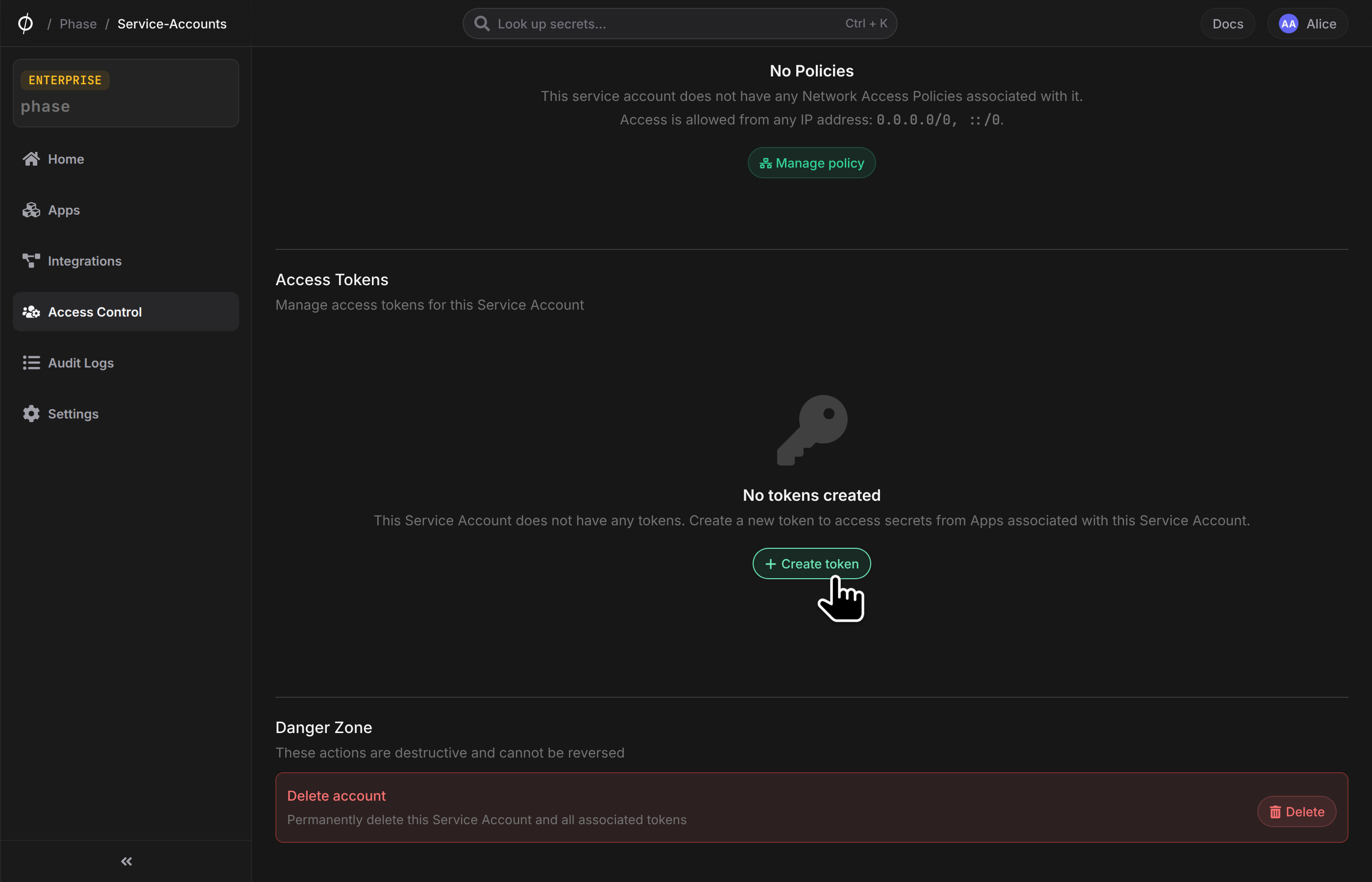 Click create a new service token button