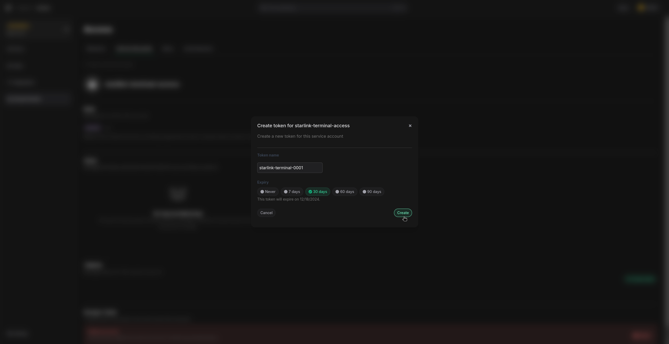 Enter service token name create