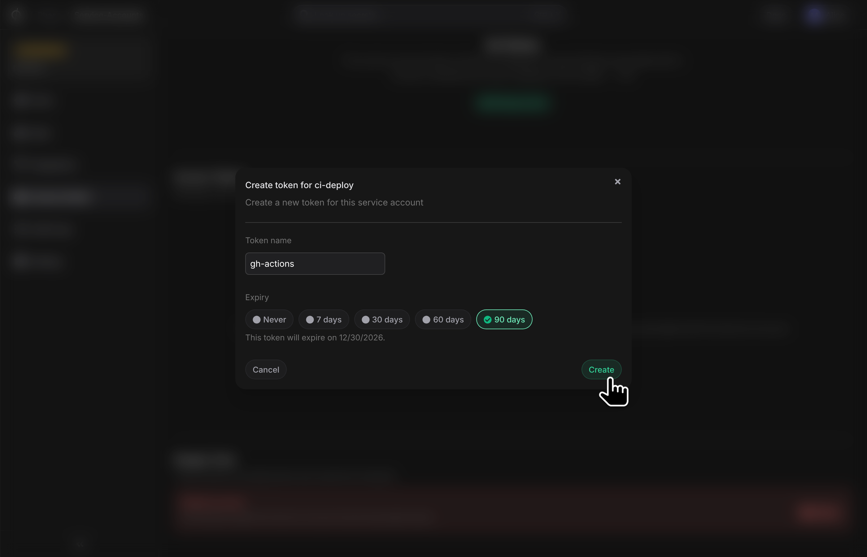 Enter service token name create