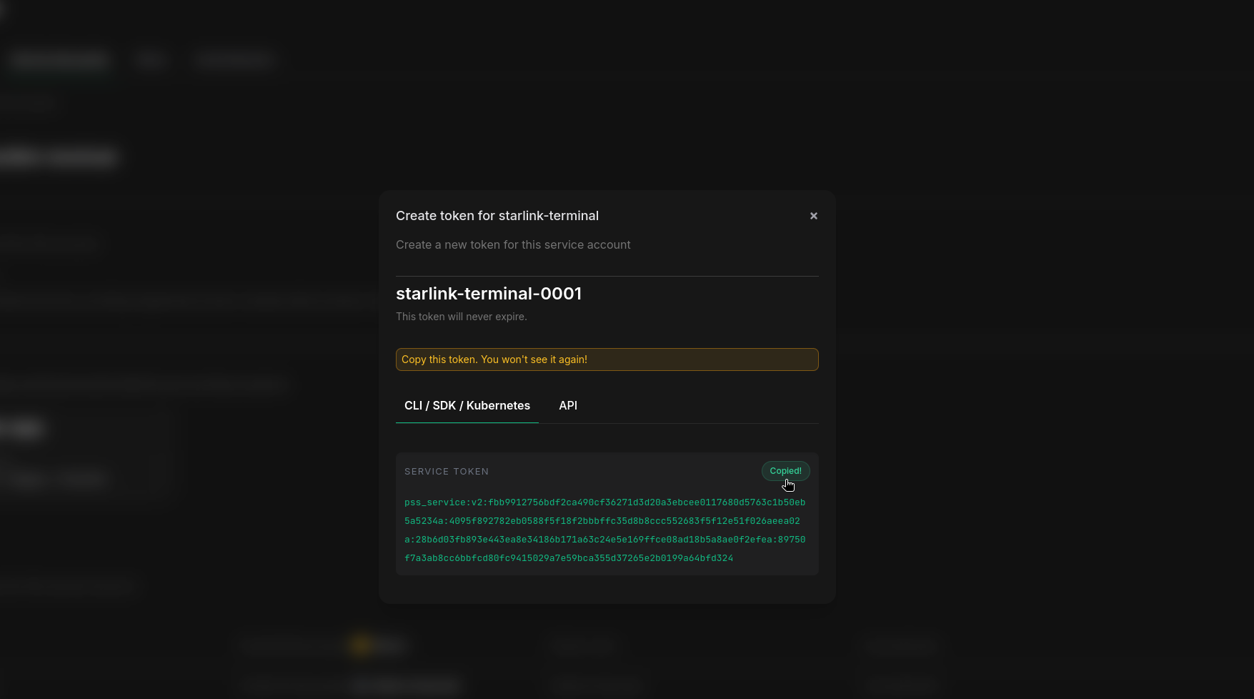 Copy created service token