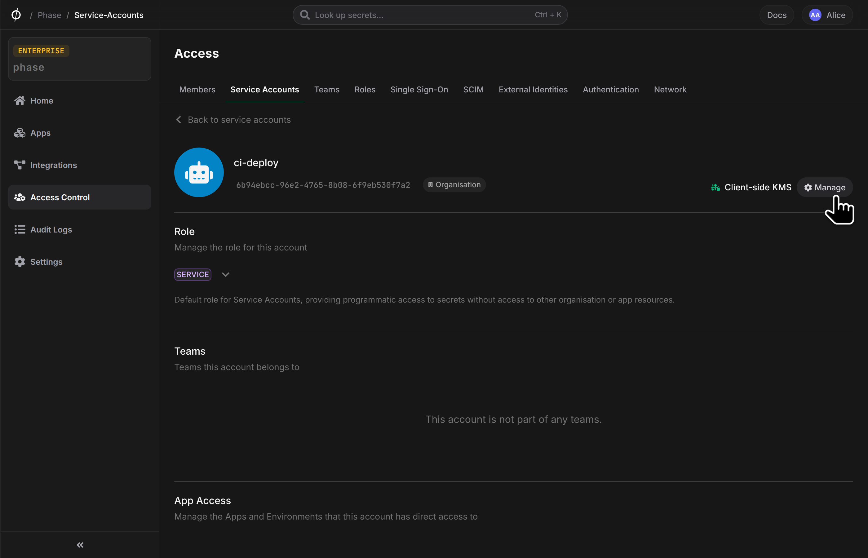 Manage service account KMS button