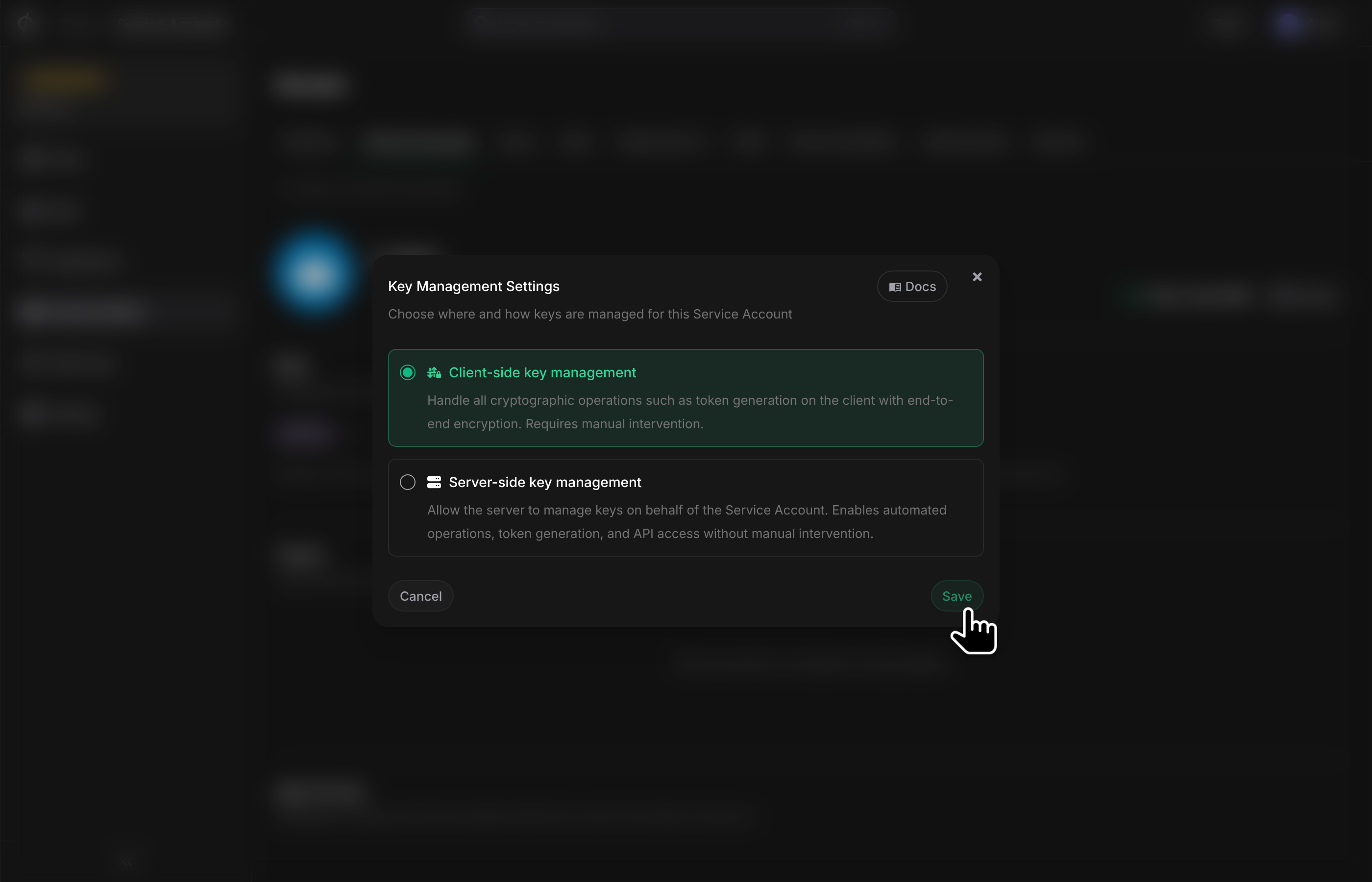 Manage service account KMS dialog