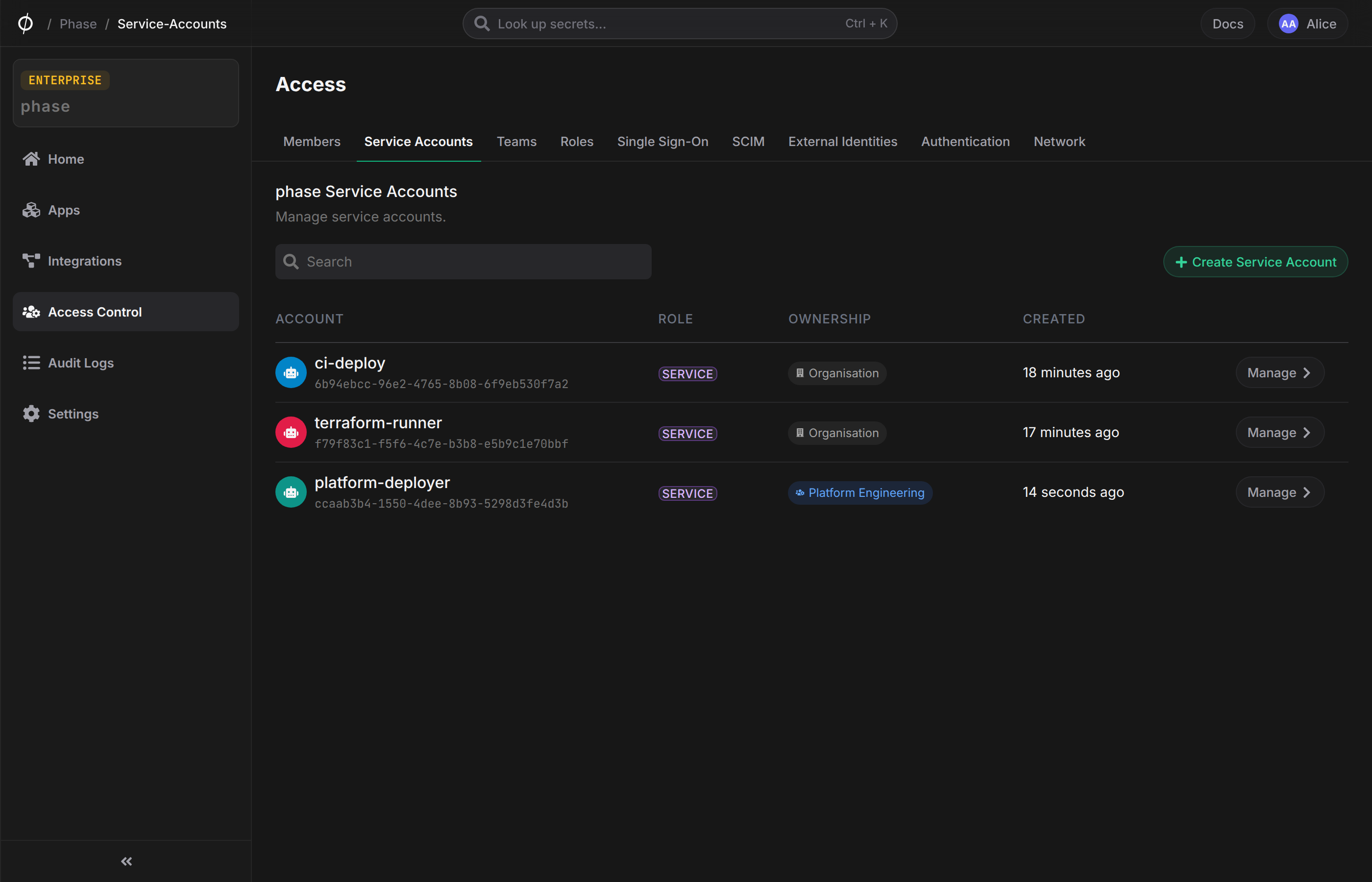 Service accounts list with organisation and team owned accounts