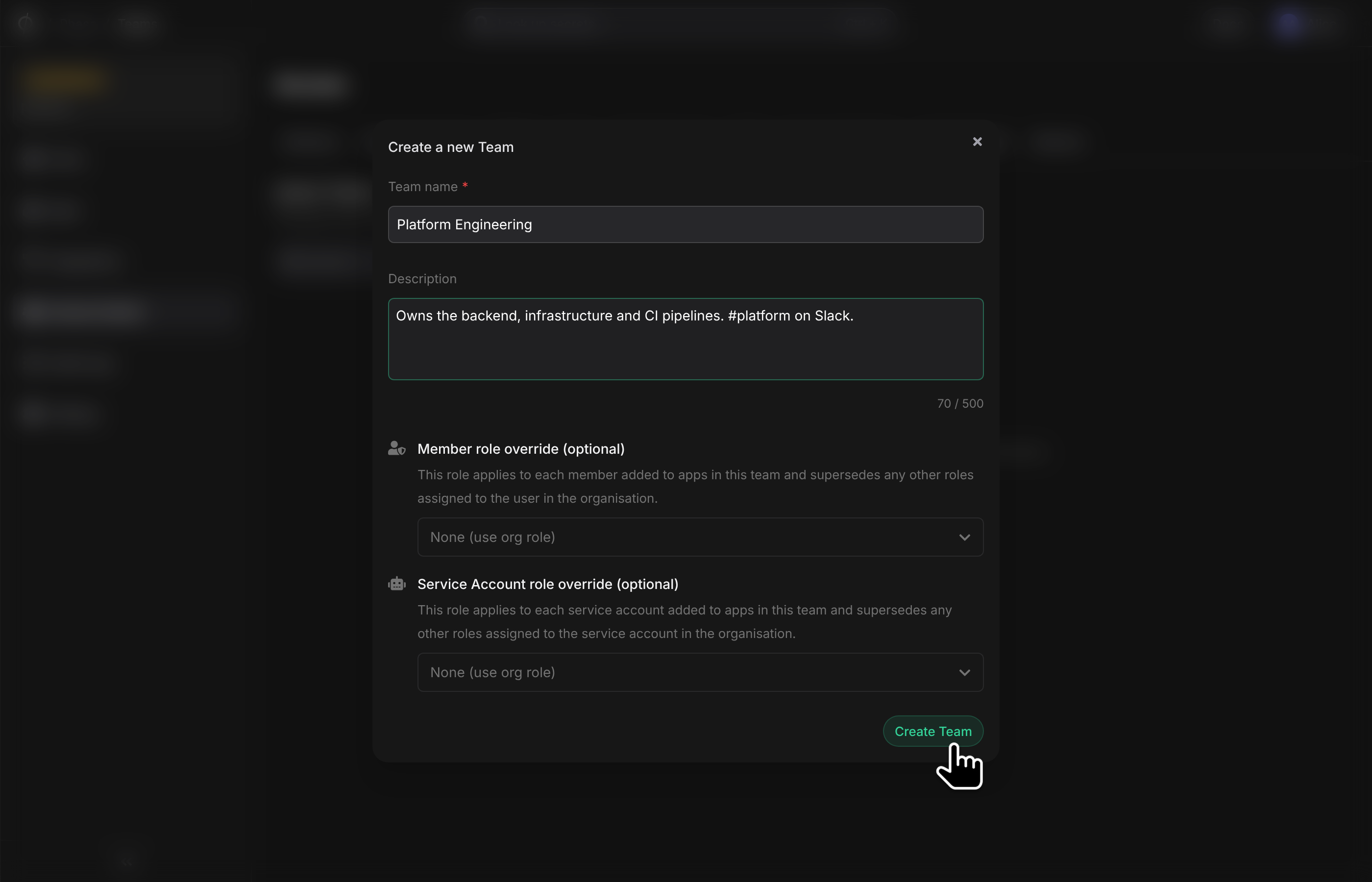 Create a new Team dialog