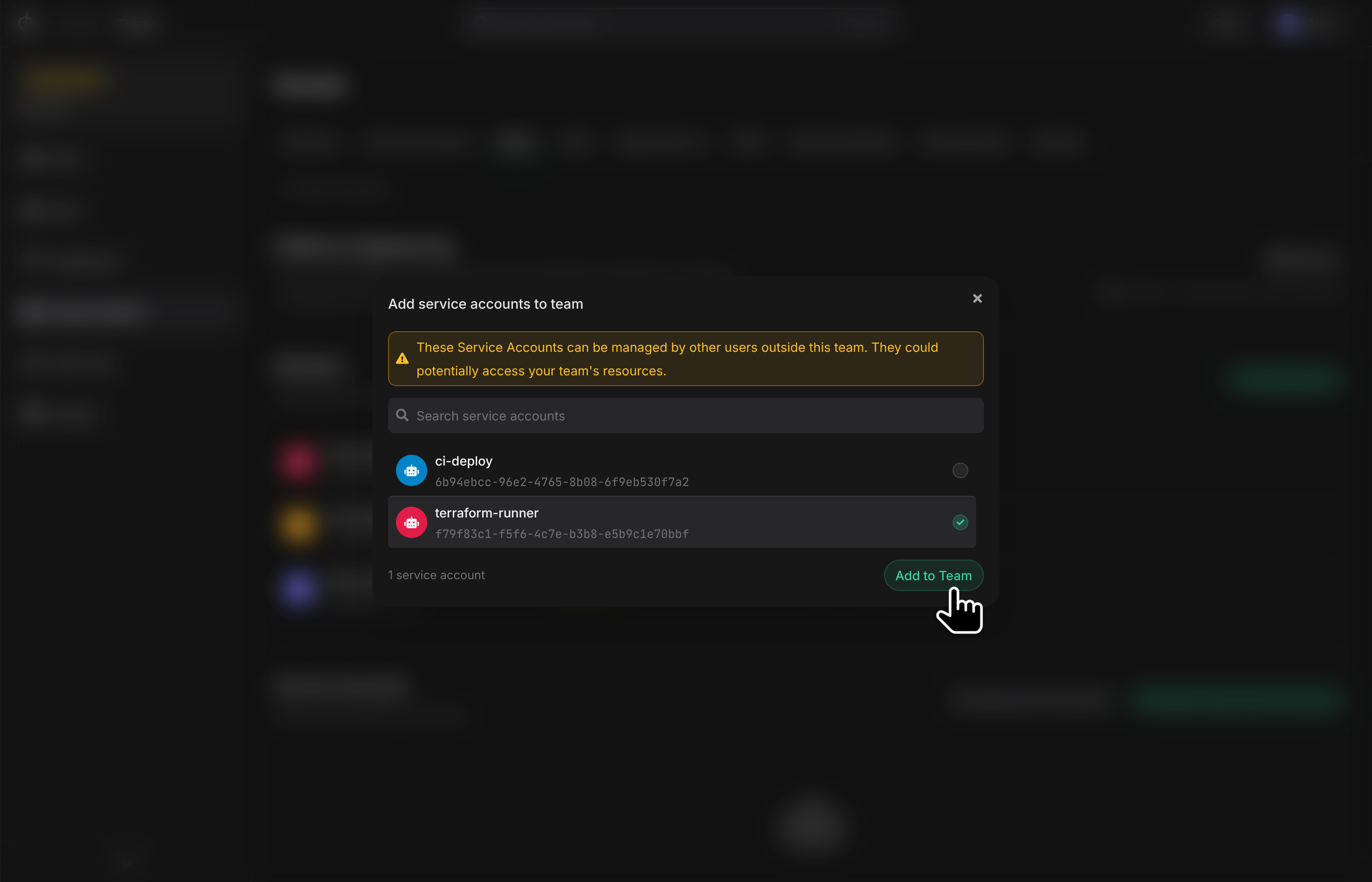 Add service accounts to team dialog