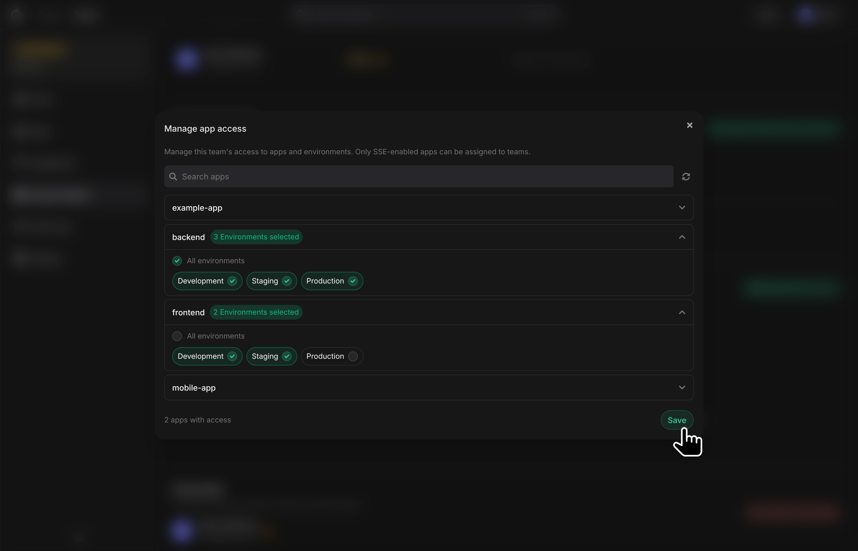 Manage app access dialog