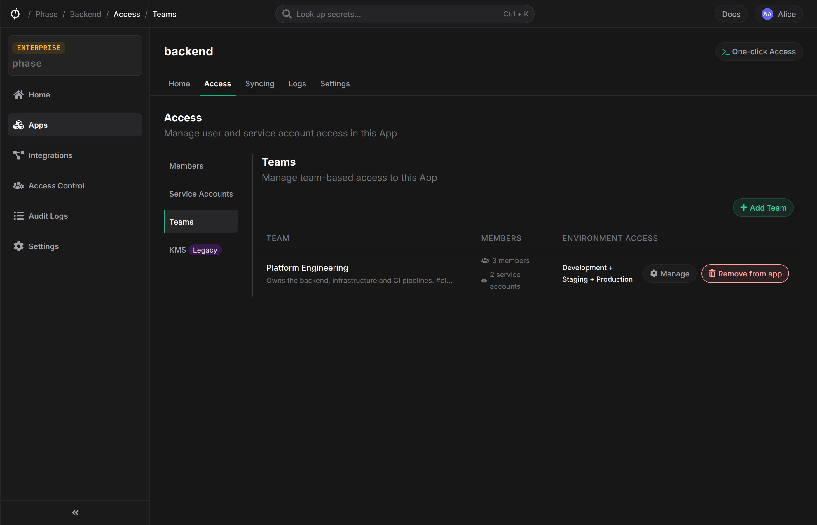 Teams tab under App access