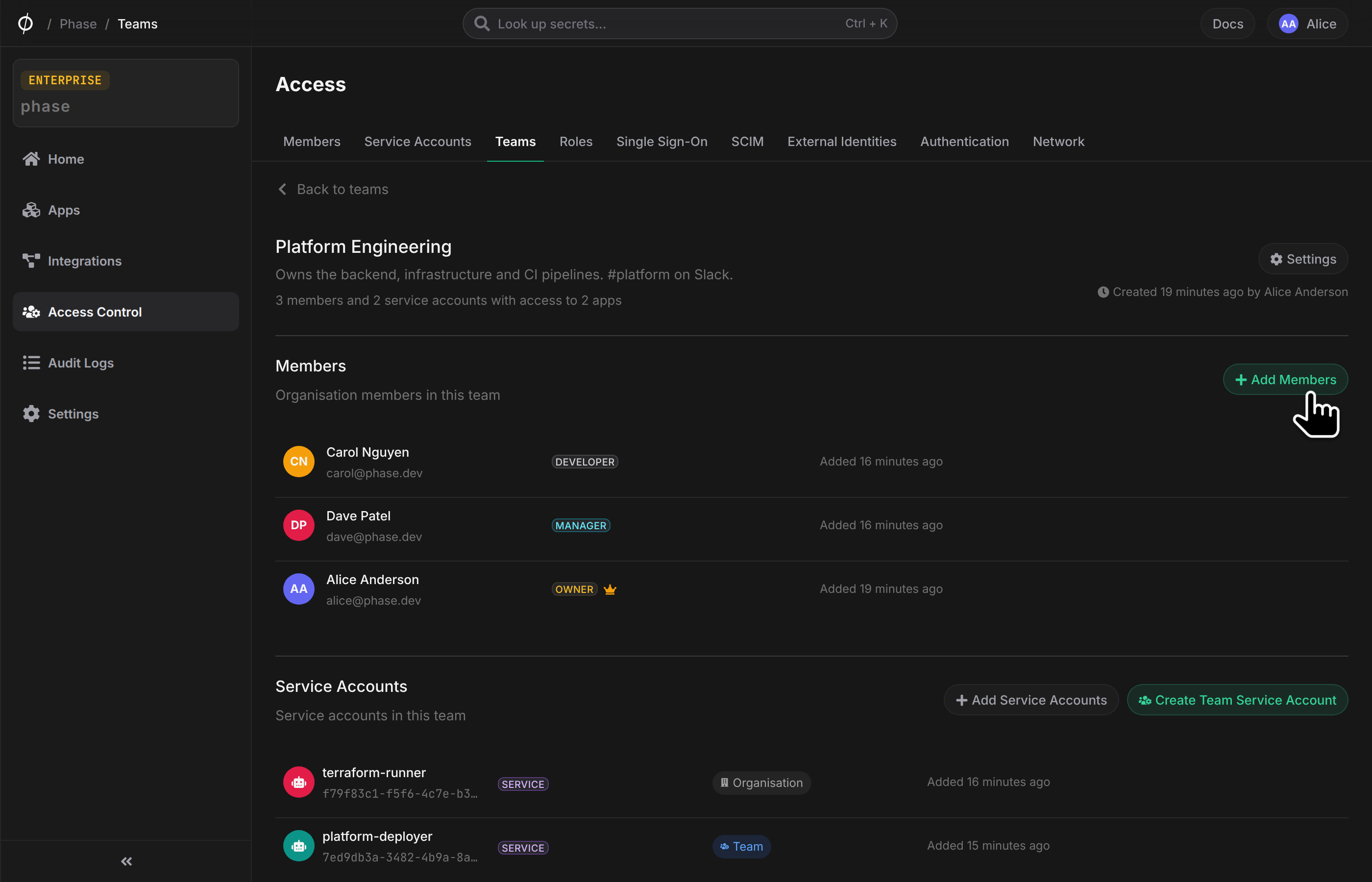 Team detail page