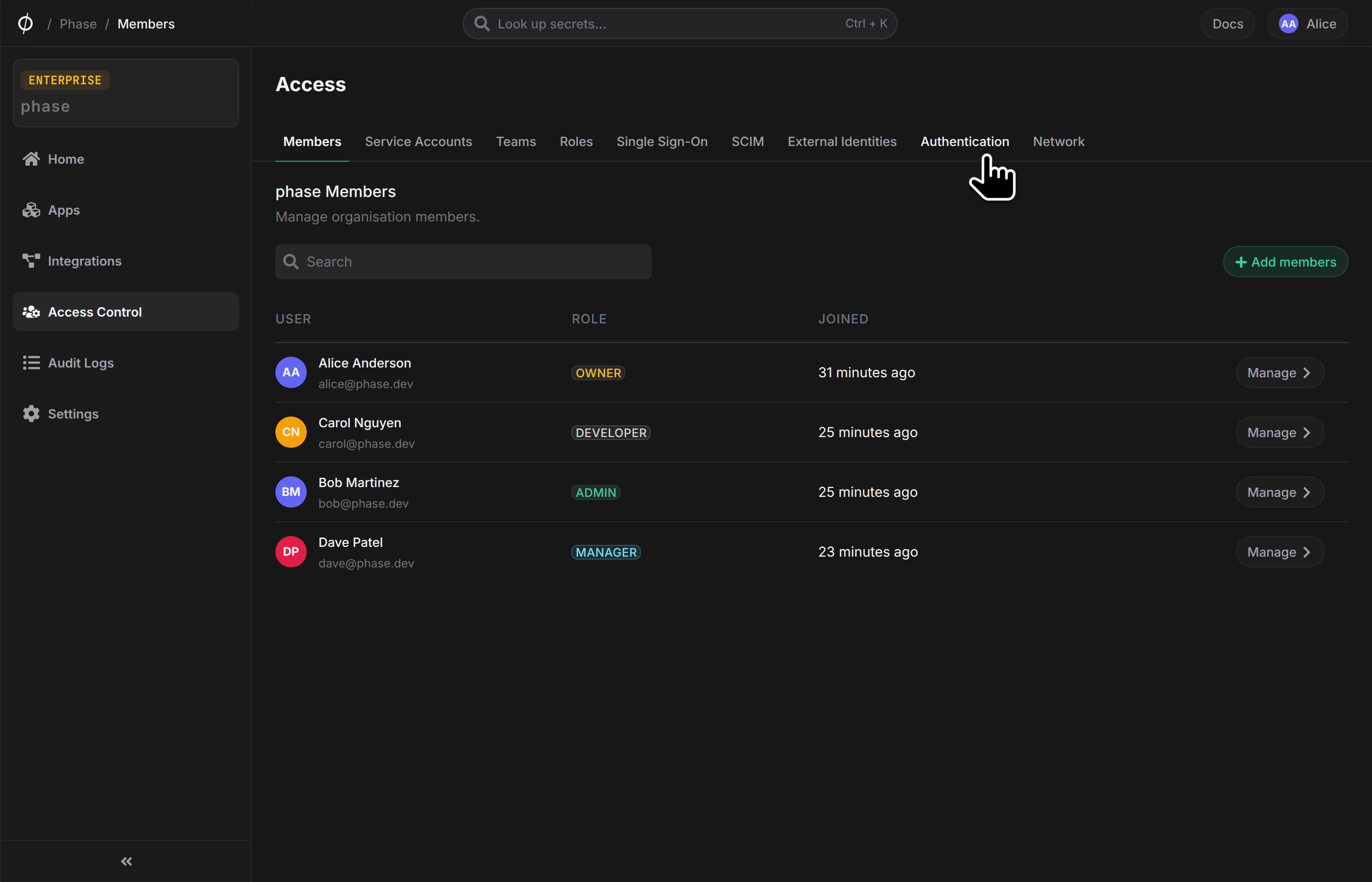 Authentication tab