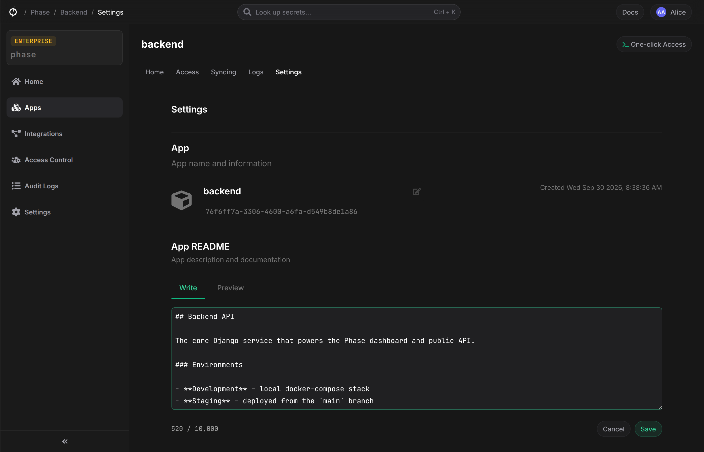 app readme editor in settings