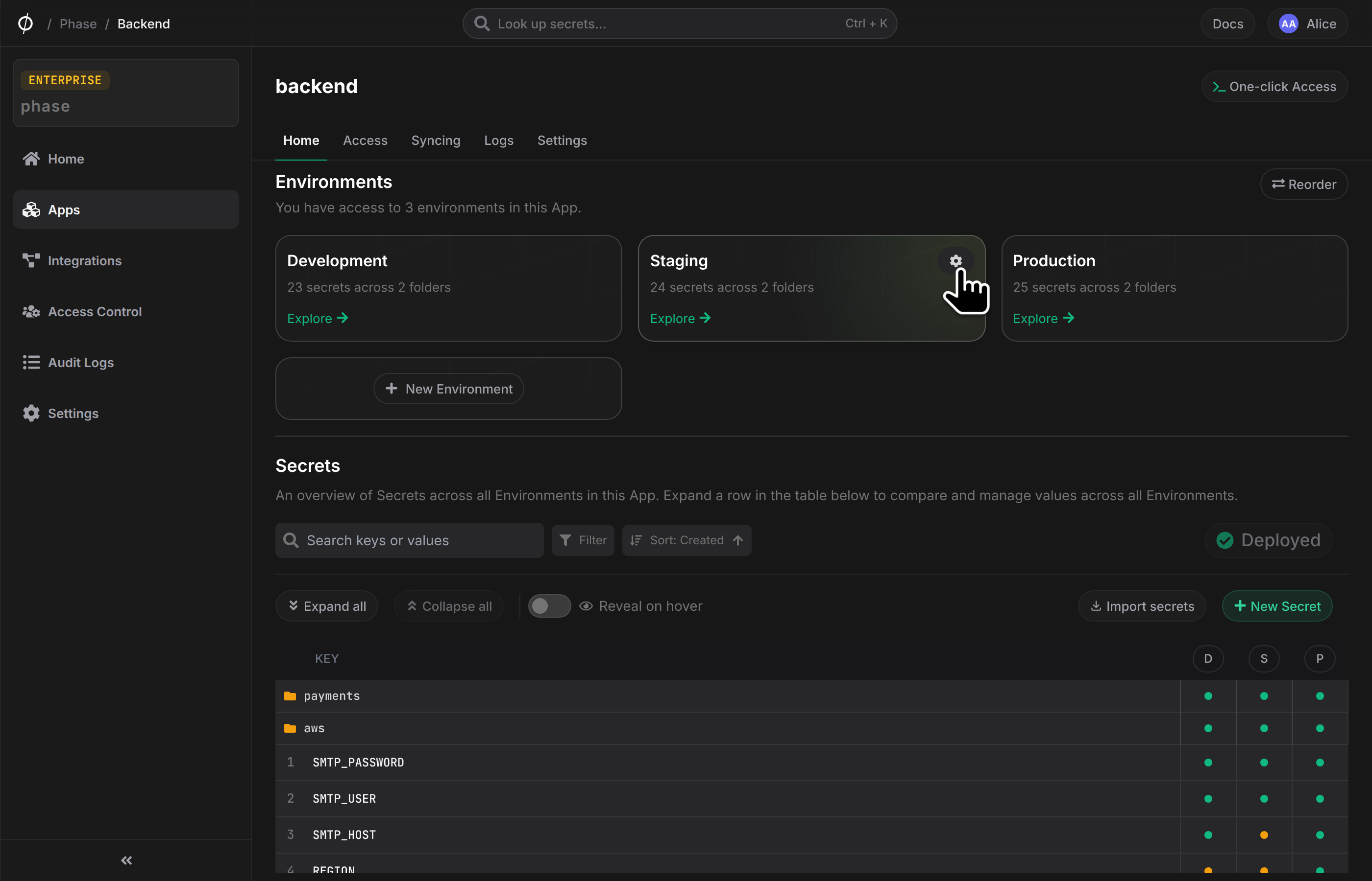 Manage environment cog button
