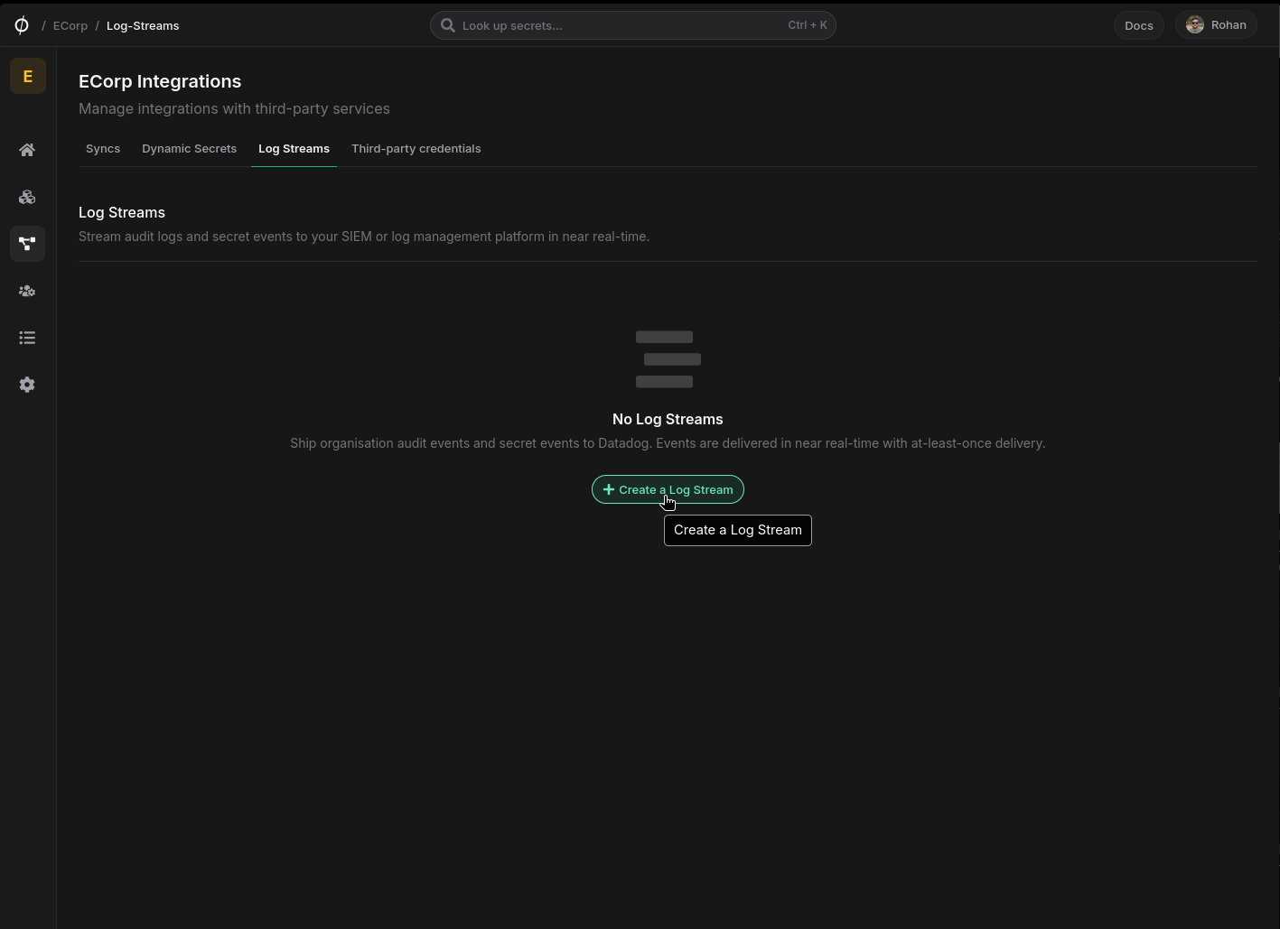 Log Streams tab with the Create a Log Stream button