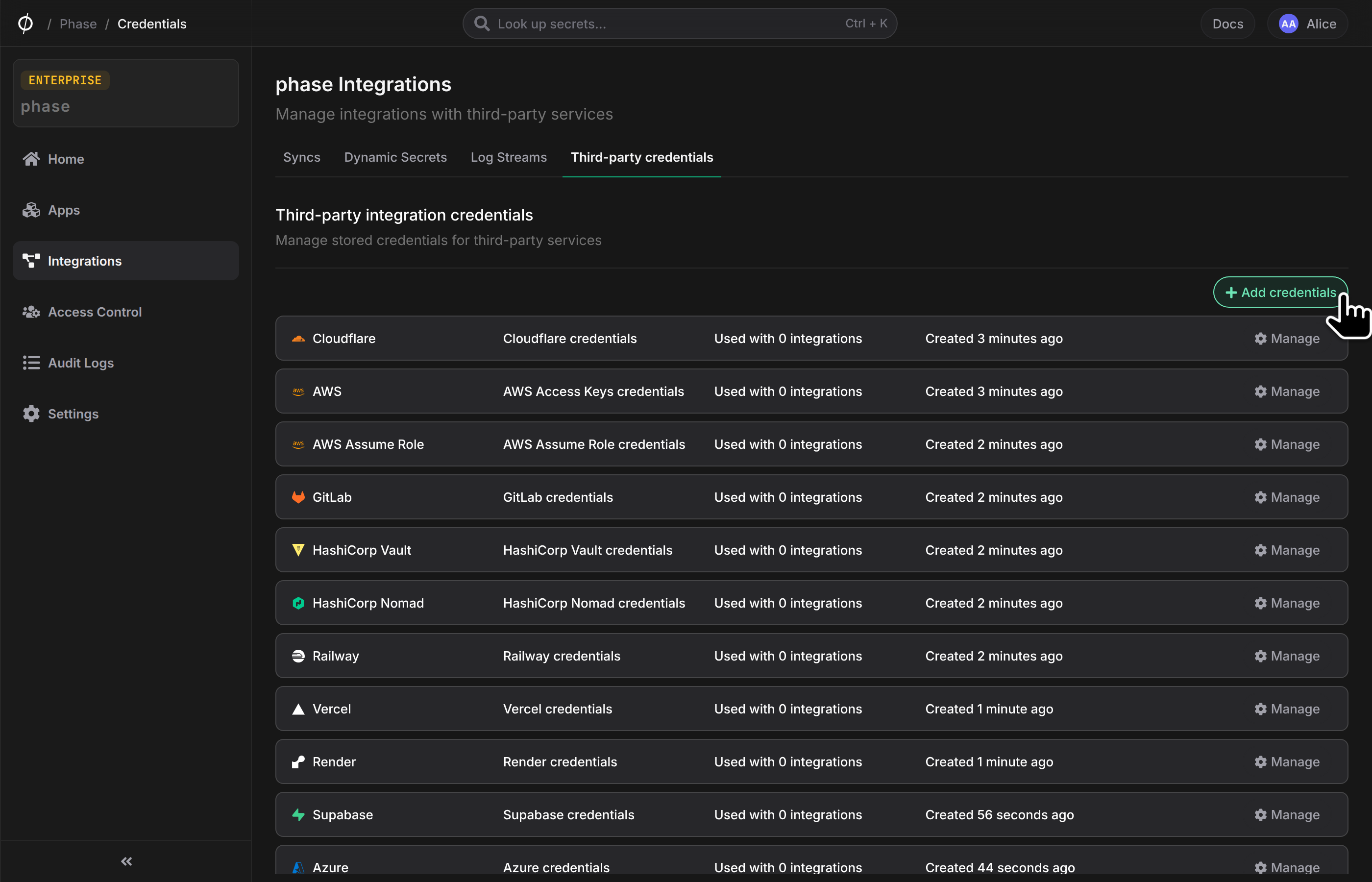 Third-party credentials tab with the Add credentials button