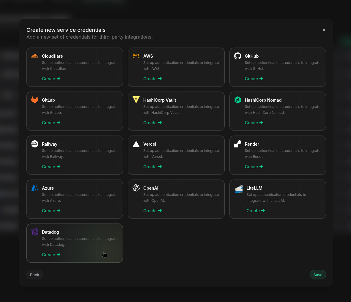 Create new service credentials dialog with the Datadog card