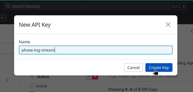 Datadog New API Key dialog with the key named phase-log-stream