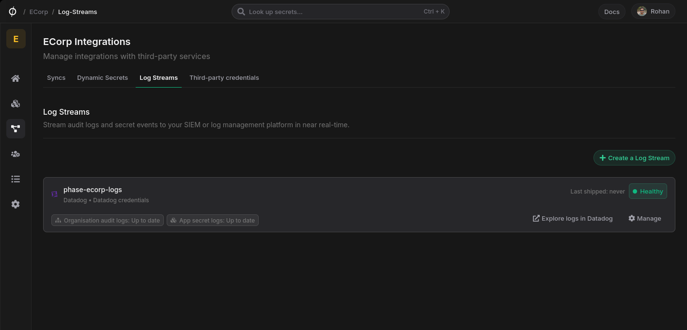 Log stream card showing per-source delivery status and the Explore logs in Datadog link