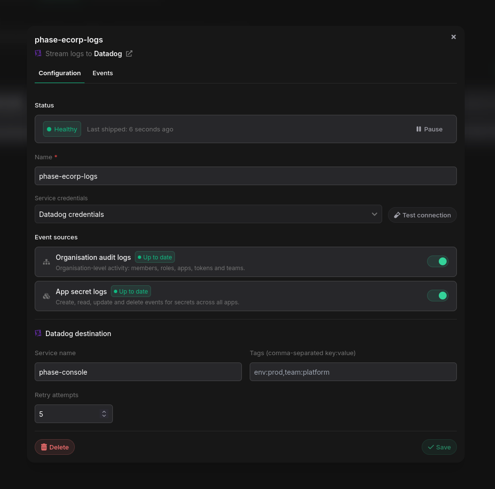 Log stream configuration tab with status, pause control and event source toggles