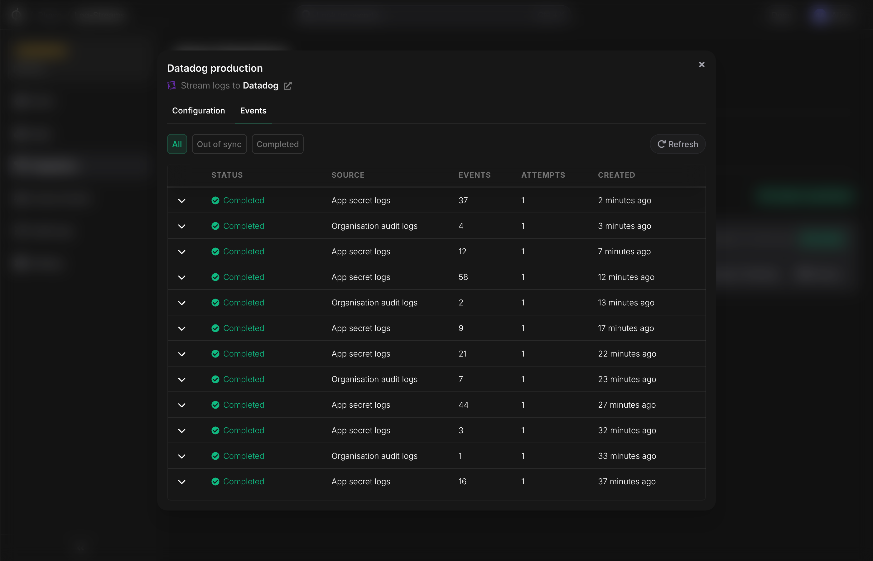 Events tab showing the delivery history with status filters
