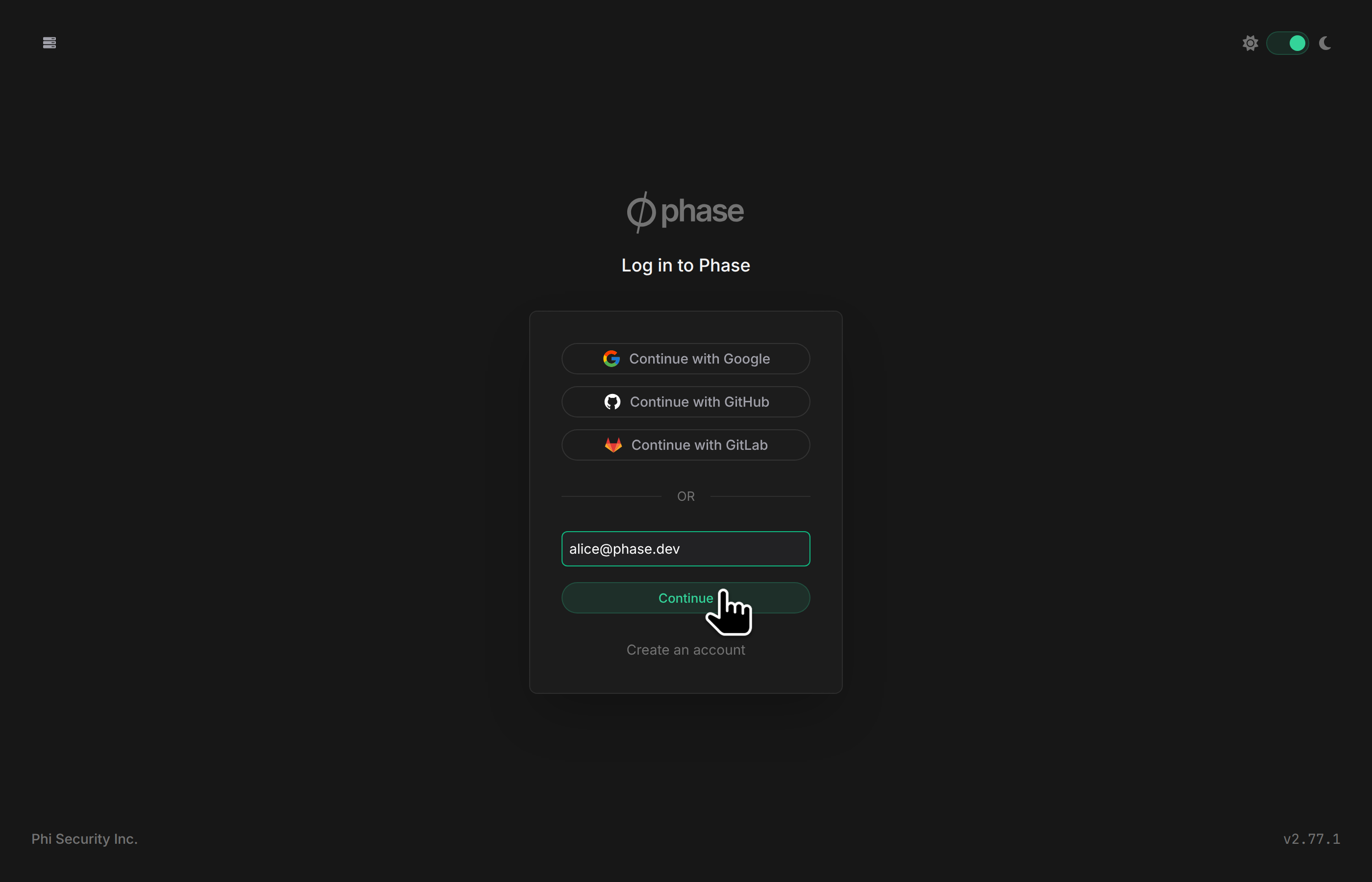 Phase Console login page
