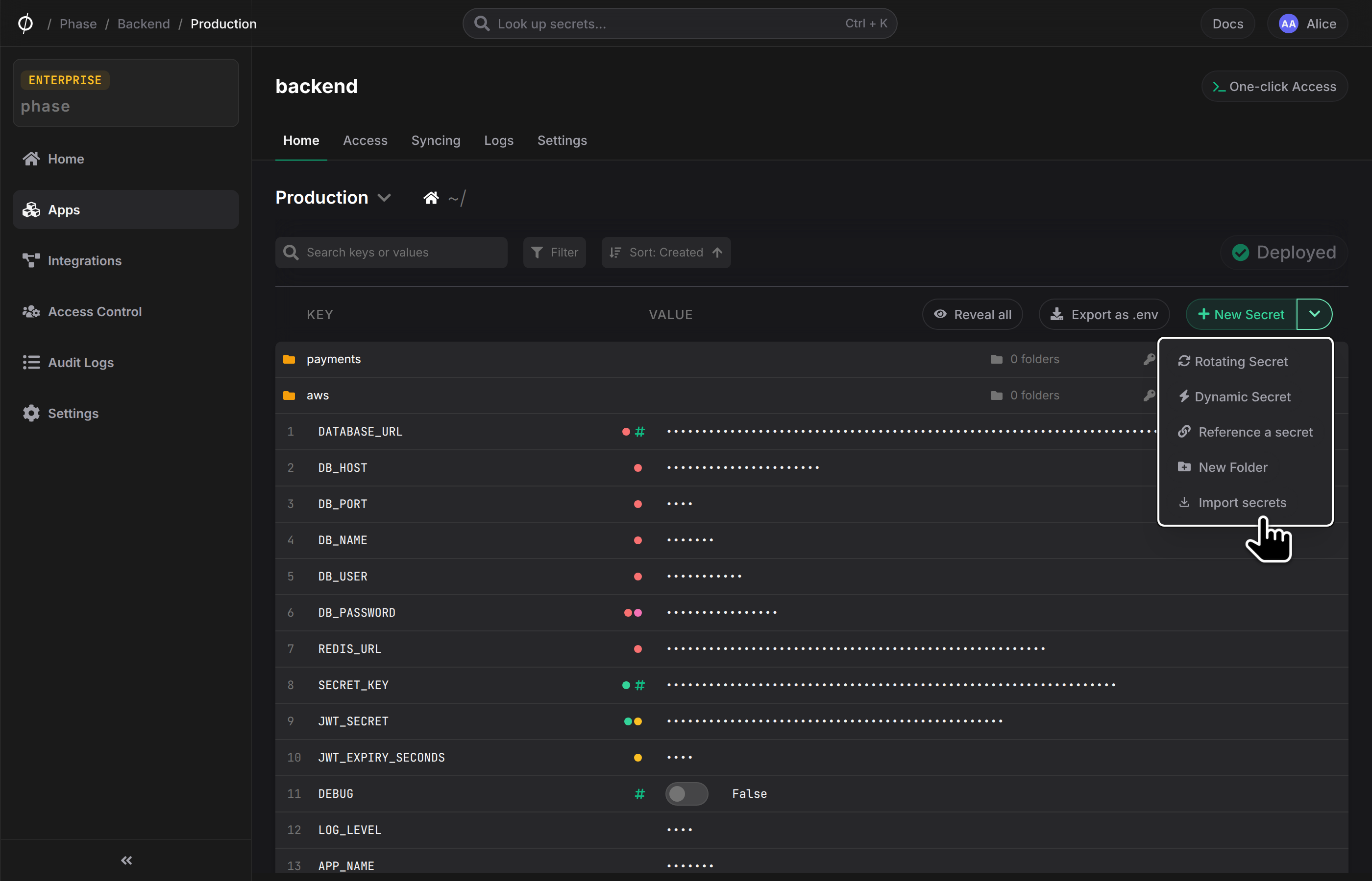 New Secret menu with the Import secrets option