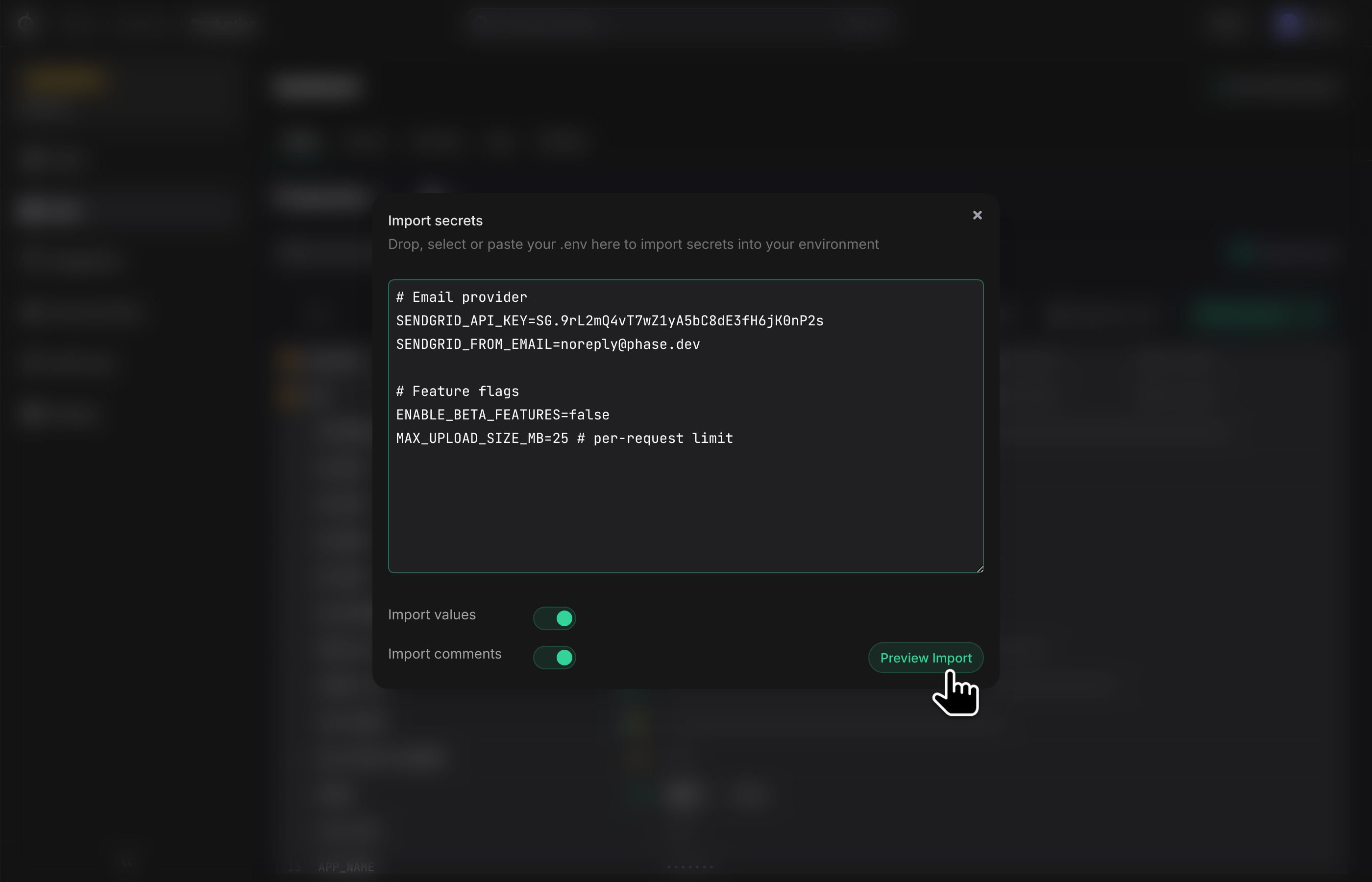 Import secrets dialog