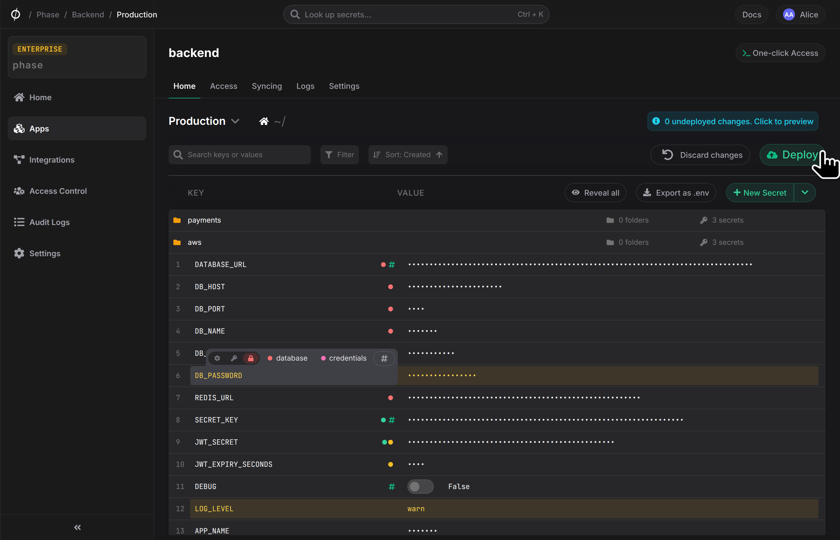 Staged secret type changes before deploying