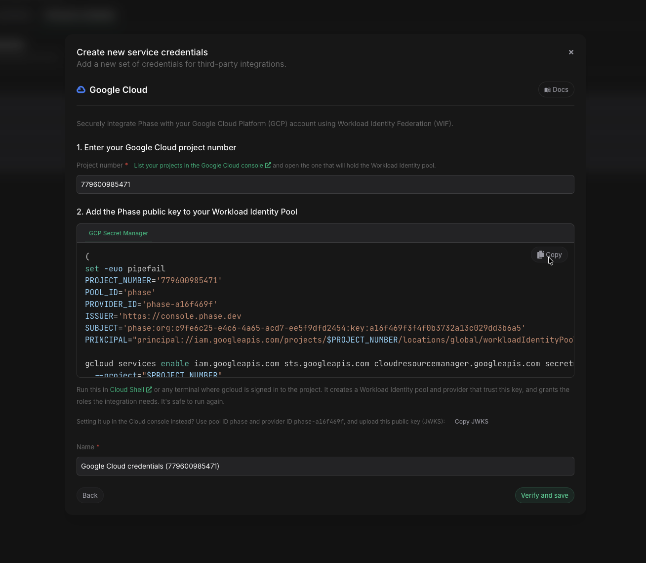 Enter the project number and copy the setup script