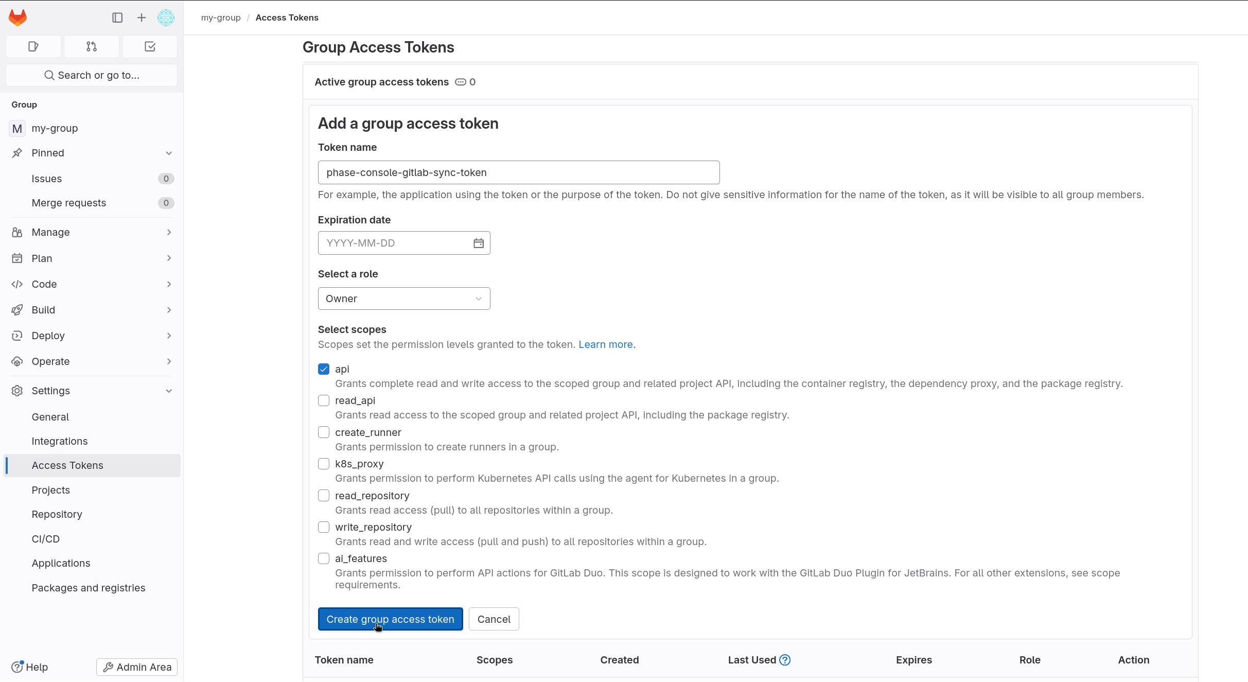 Create a Group Access Token