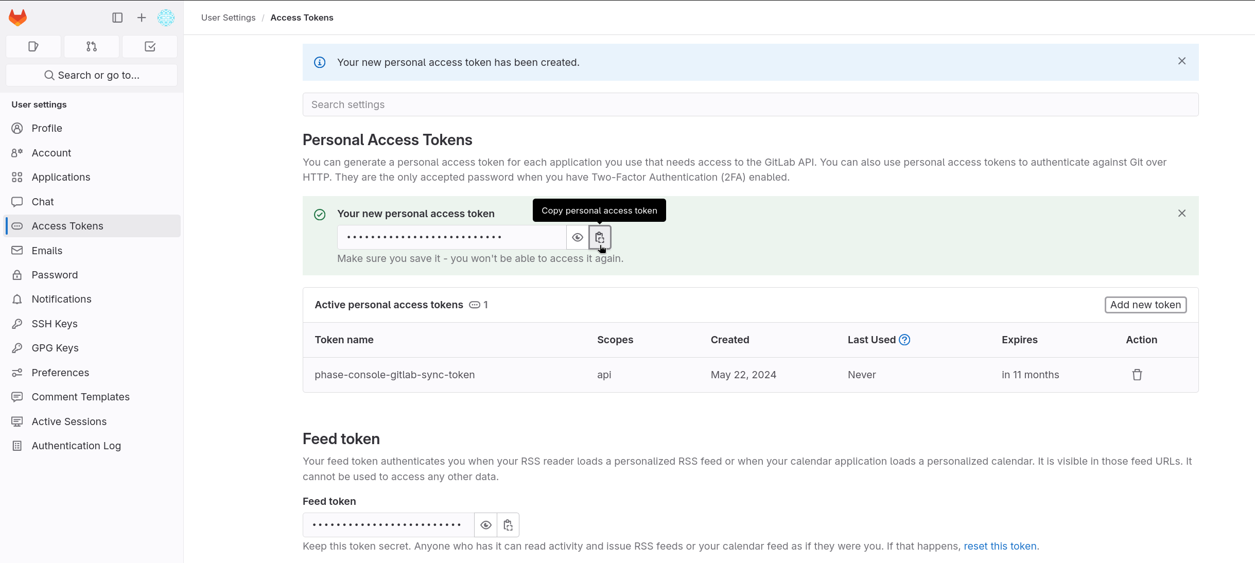 Personal Access Token copy