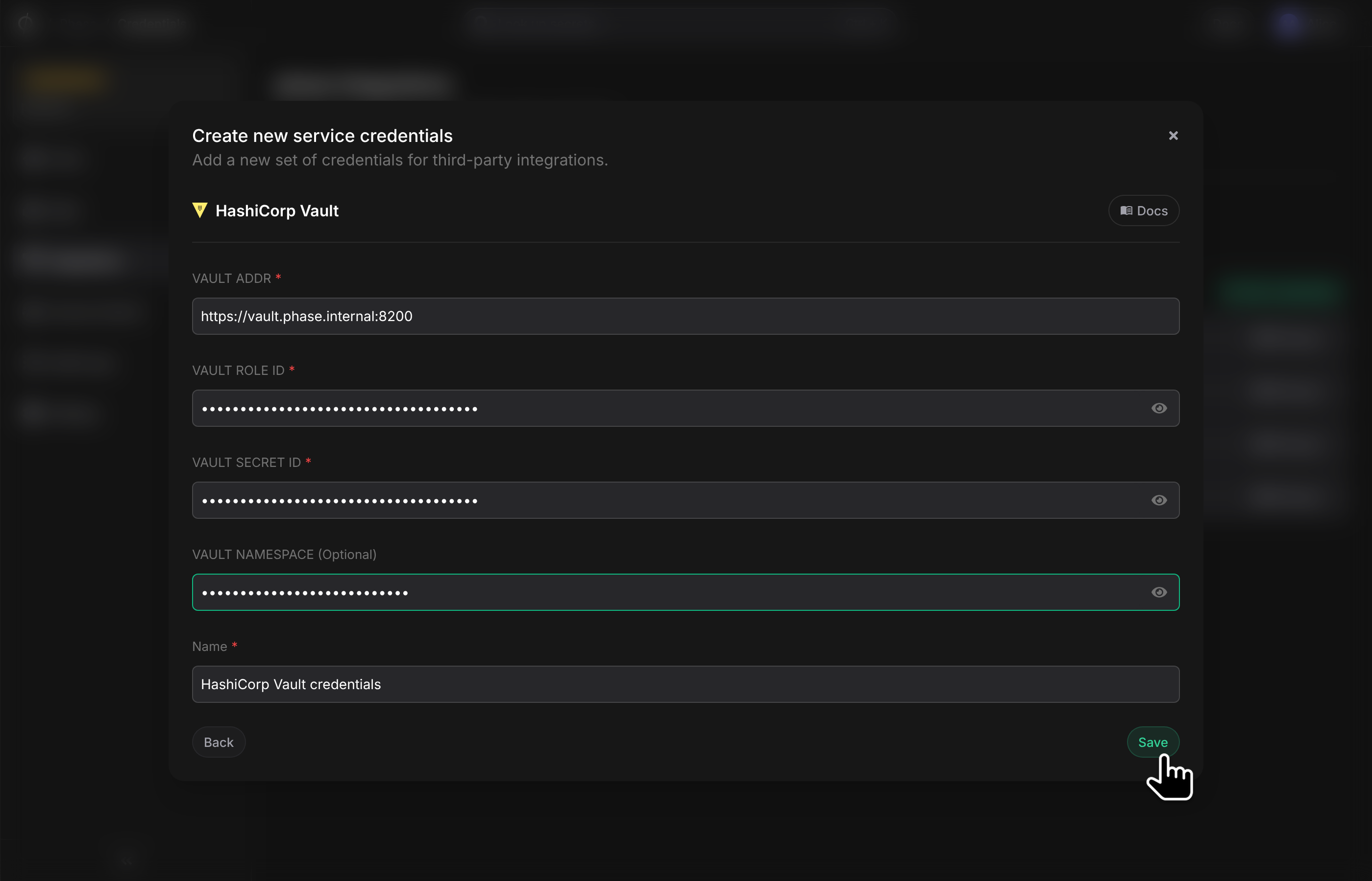 Input Vault credentials