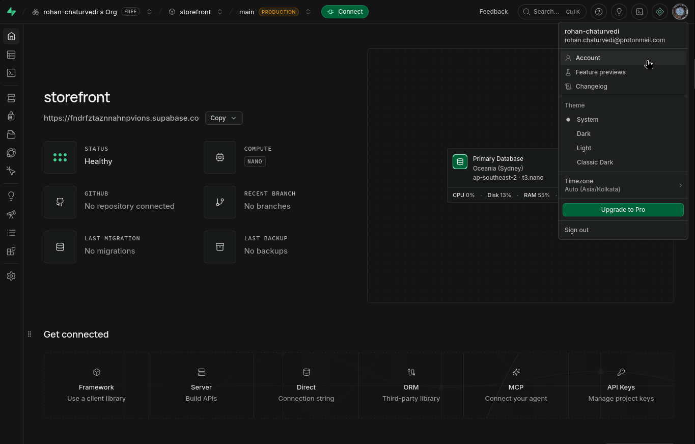 Supabase account menu