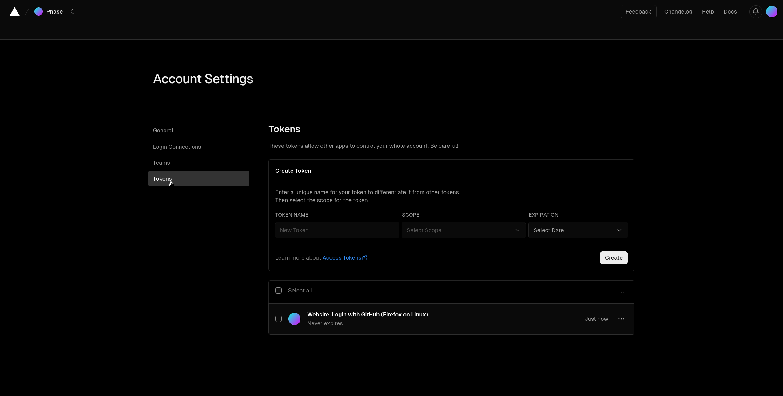 Vercel dashboard account settings